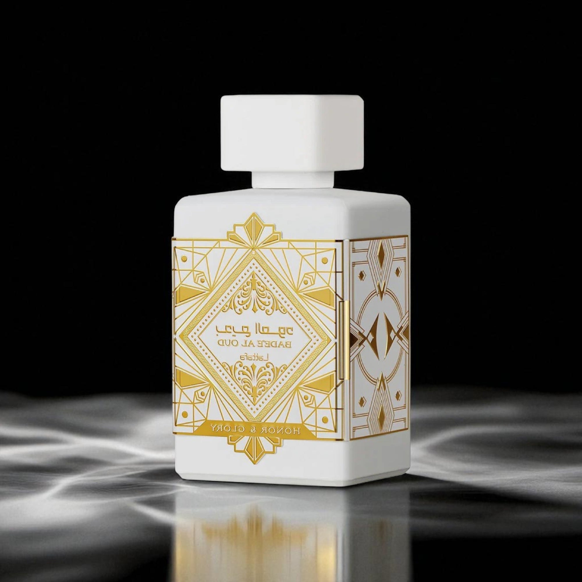 White perfume bottle with gold intricate design on a black background