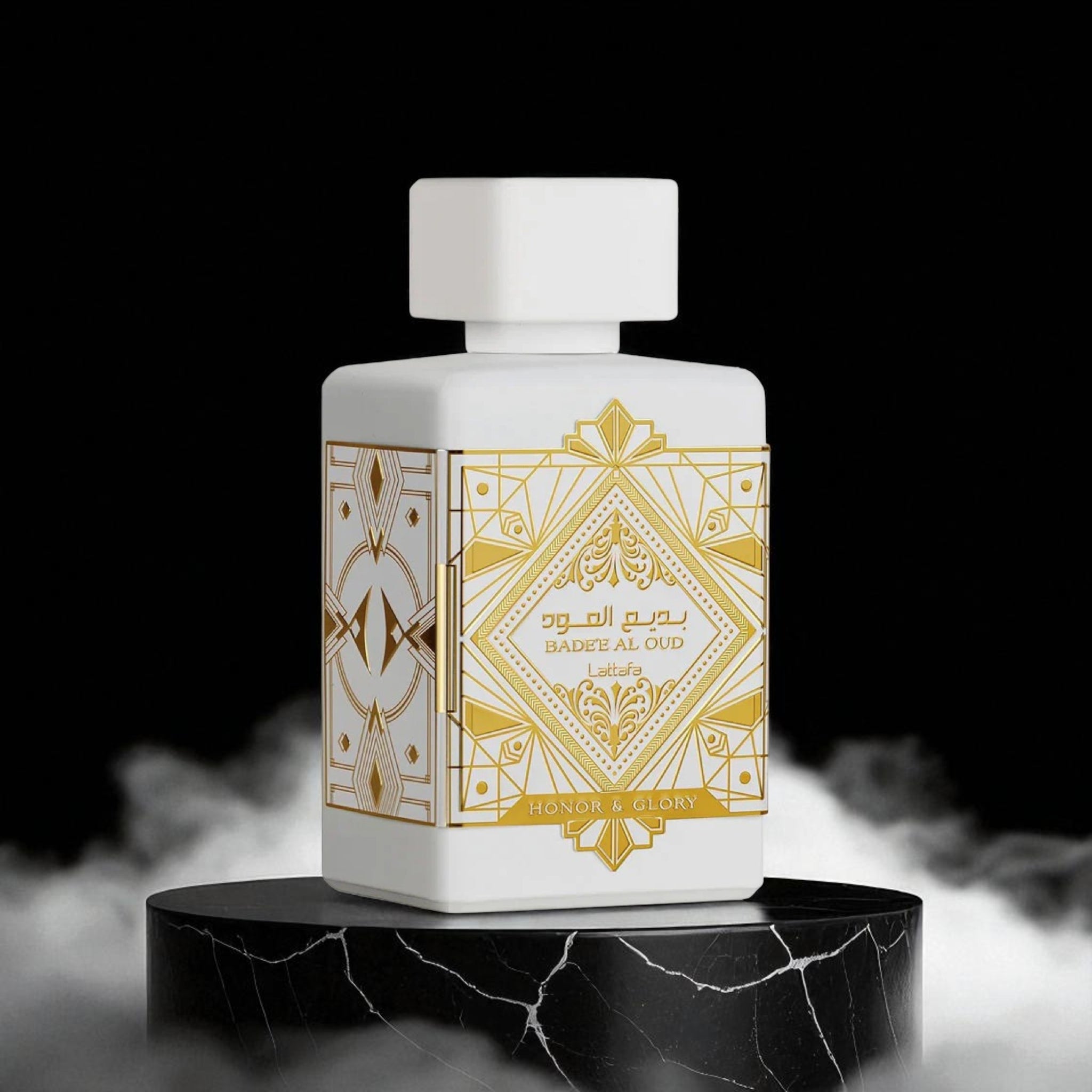 White perfume bottle with gold design on a black platform against a dark background