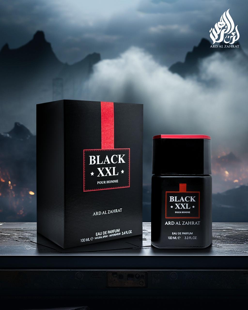 Ard Al Zahrat Black XXL perfume bottle and packaging against a dark, mountainous background.