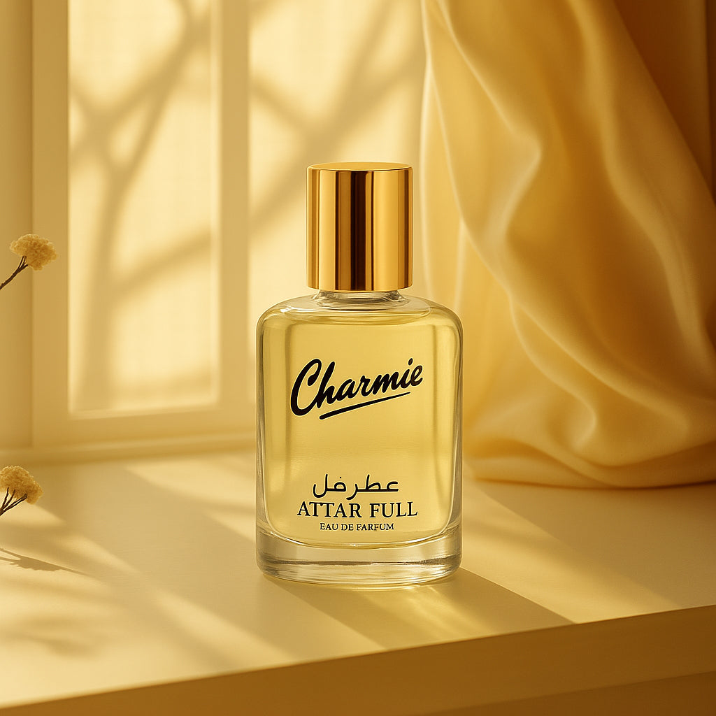 Perfume bottle labeled 'Charmie' on a yellow background