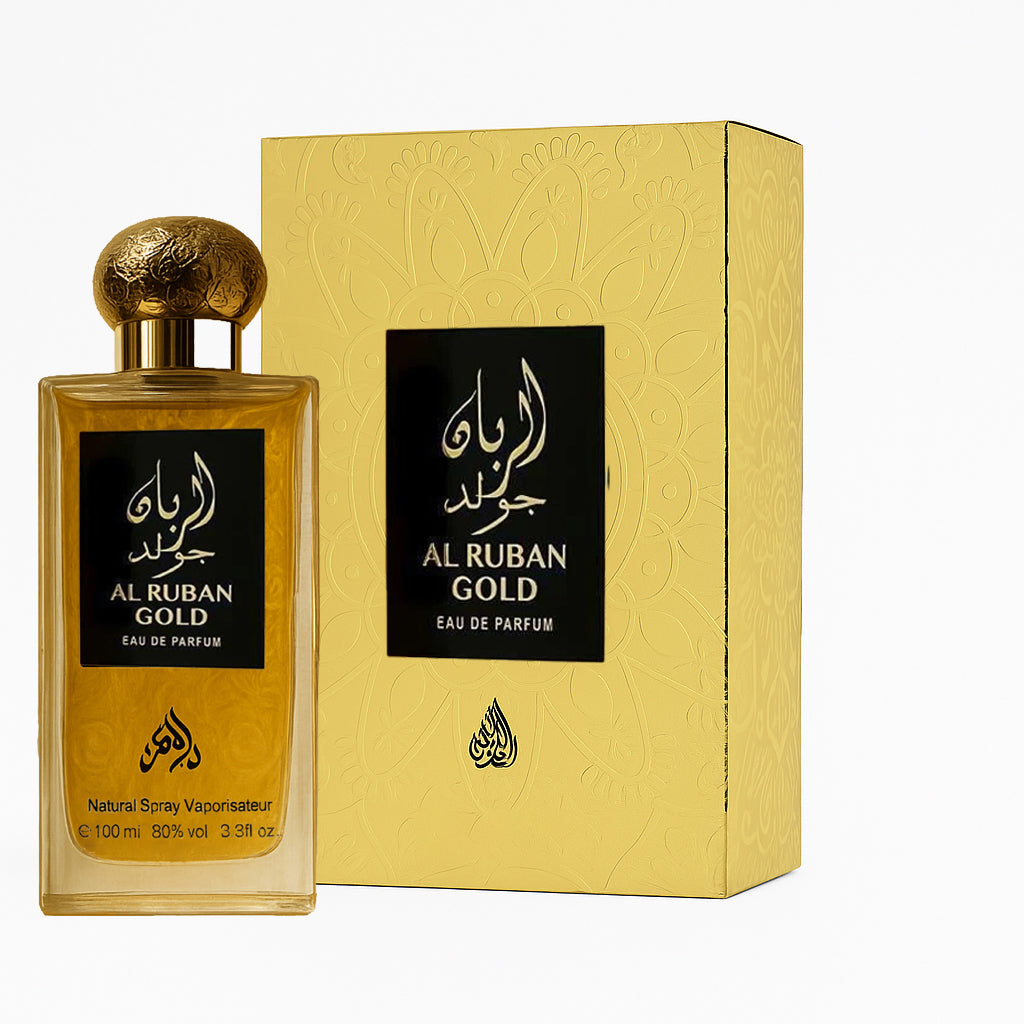 Al Ruban Gold Eau de Parfum bottle and packaging on a white background