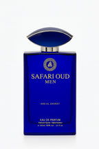 Blue perfume bottle labeled 'Safari Oud Men' by Ard Al Zahrat on a white background