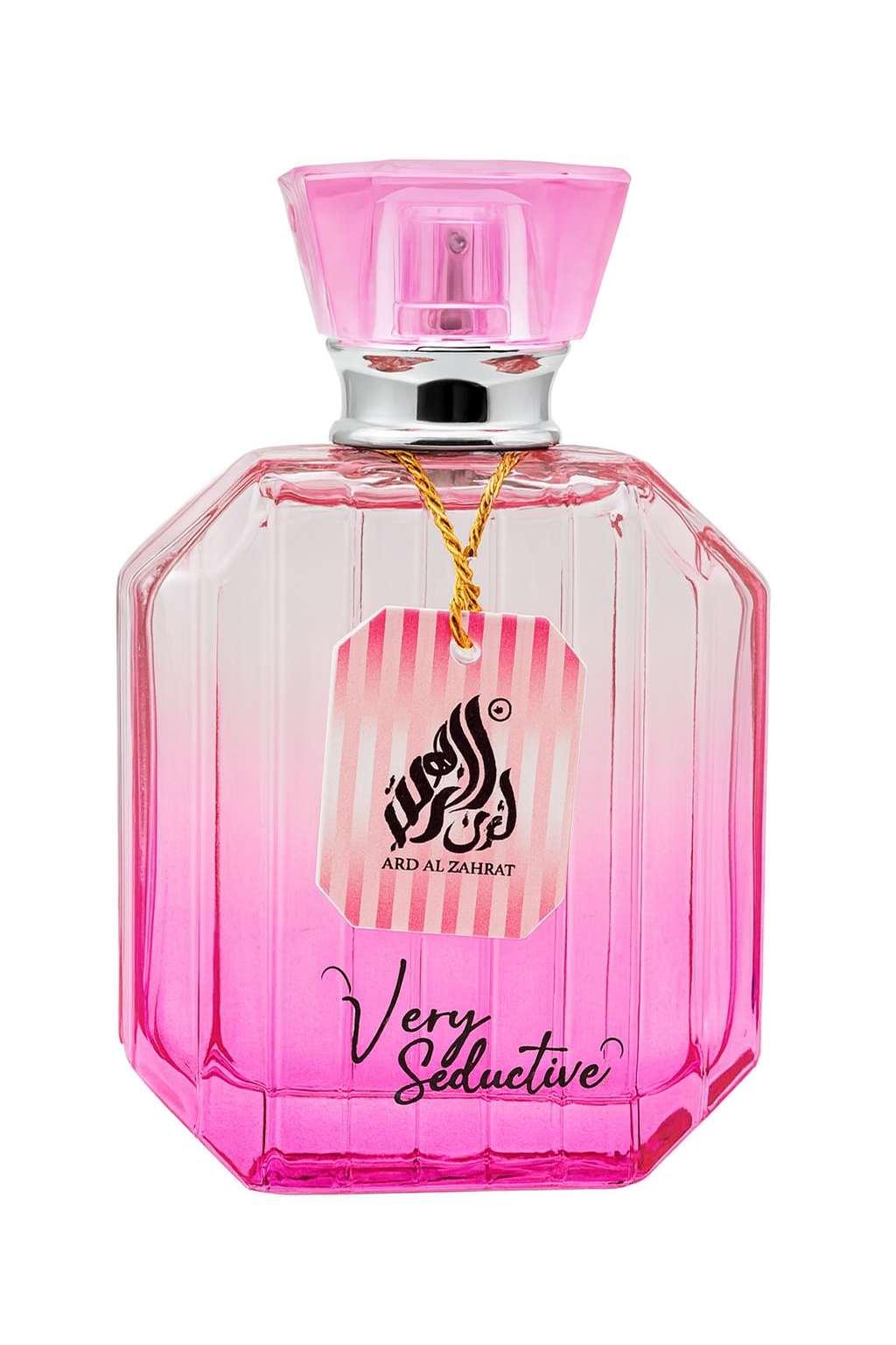 Pink perfume bottle with a gold cap on a white background