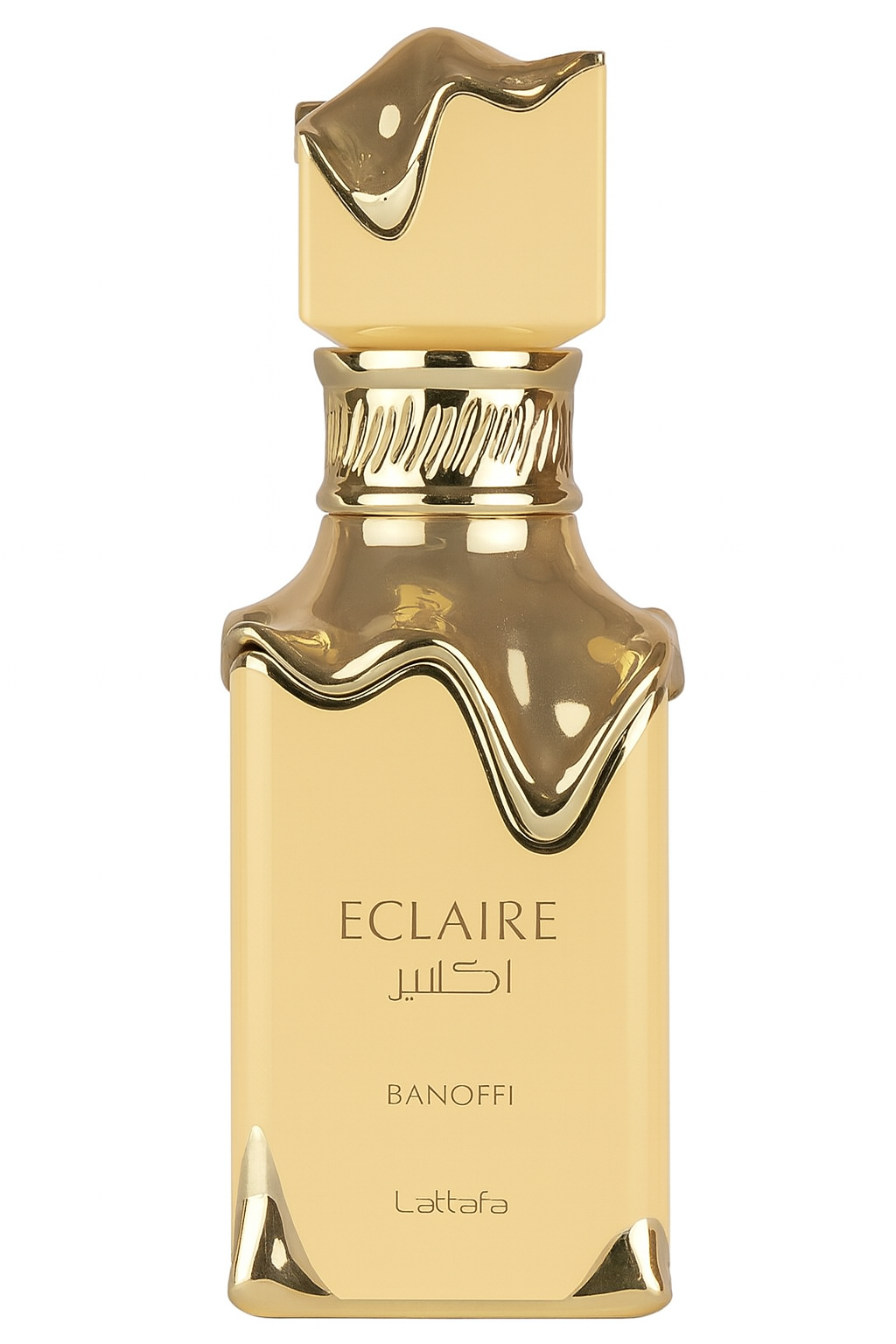 Gold perfume bottle labeled 'Eclaire' by Lattafa on a white background