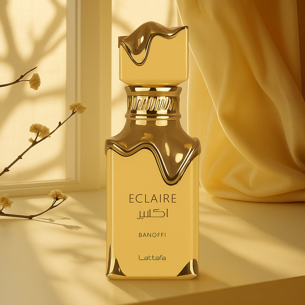 Gold Eclaire perfume bottle by Lattafa on a light background