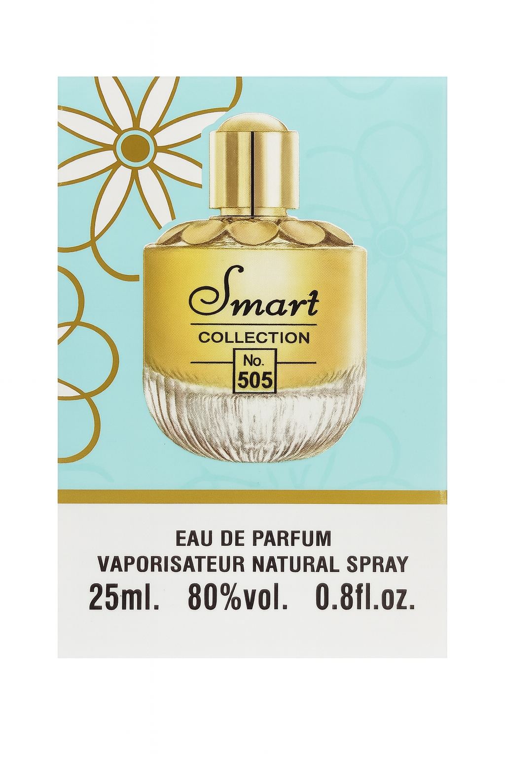 Gold perfume bottle with 'Smart Collection' label on a light blue background