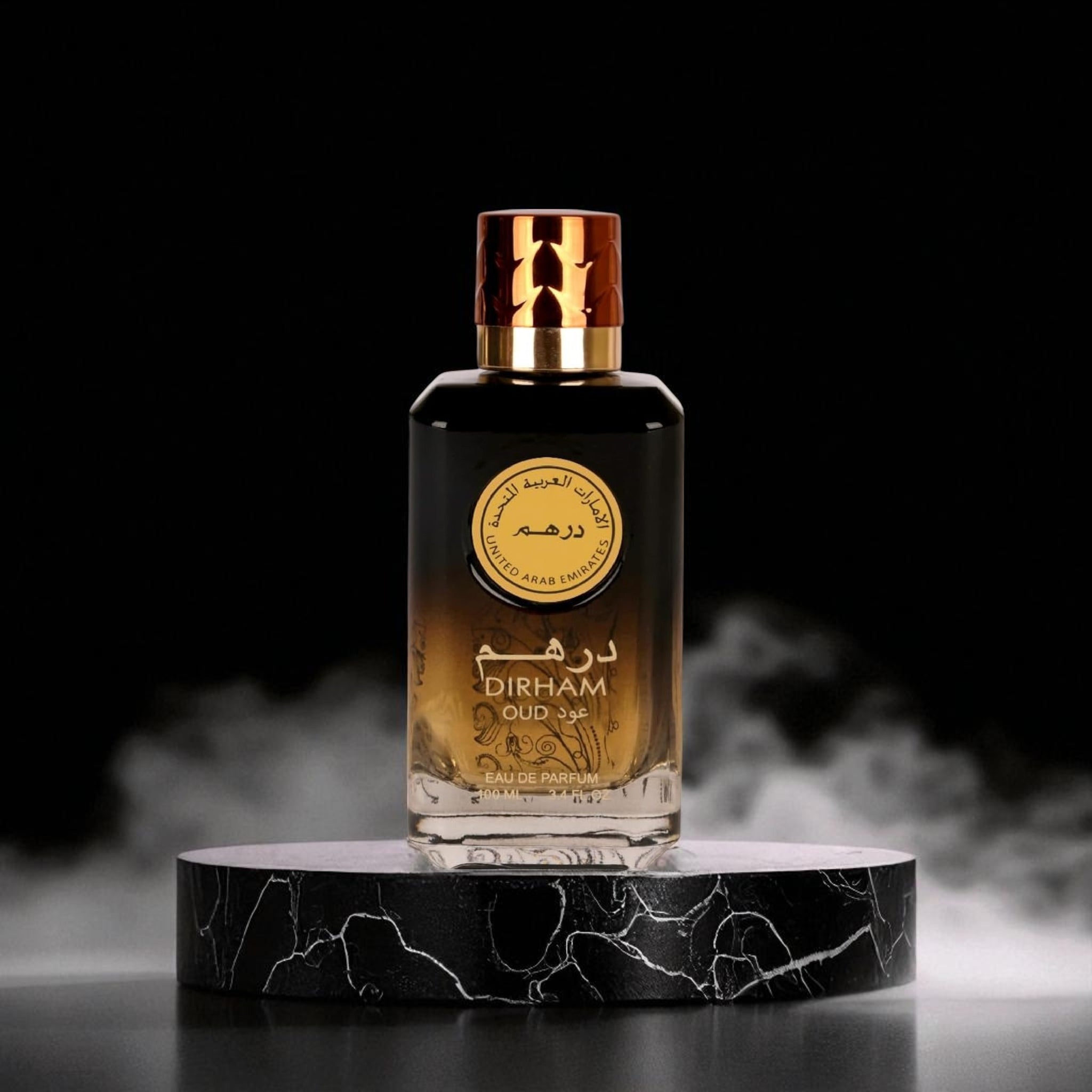 Perfume bottle labeled 'Dirham Oud' on a black marble stand with a dark background