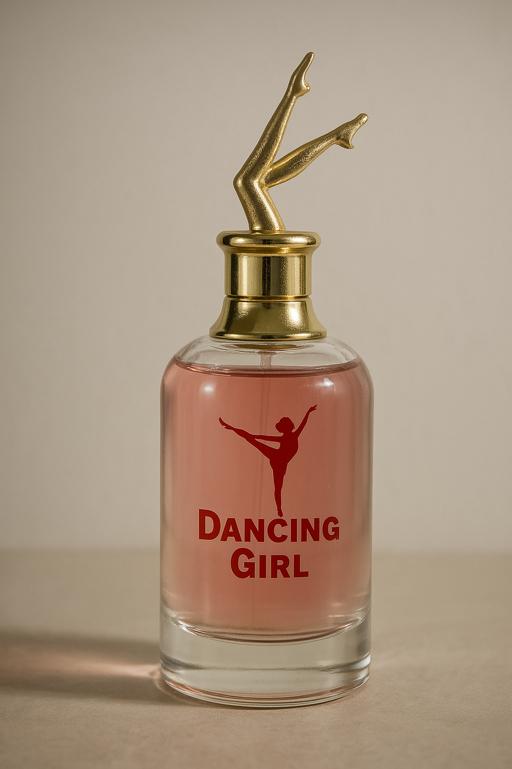 Perfume bottle with gold cap and 'Dancing Girl' label on a beige background