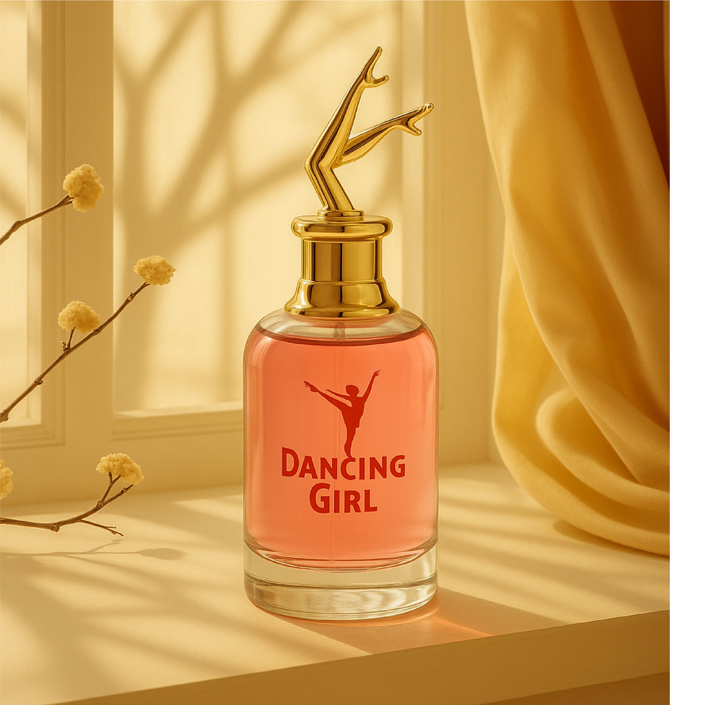 Dancing Girl ladies perfume bottle with gold cap, pink fragrance liquid, luxury Eau de Parfum for women.