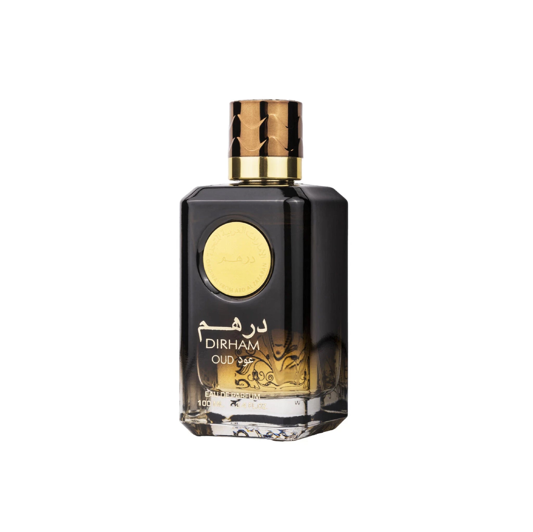 Black perfume bottle with gold cap and label on a white background