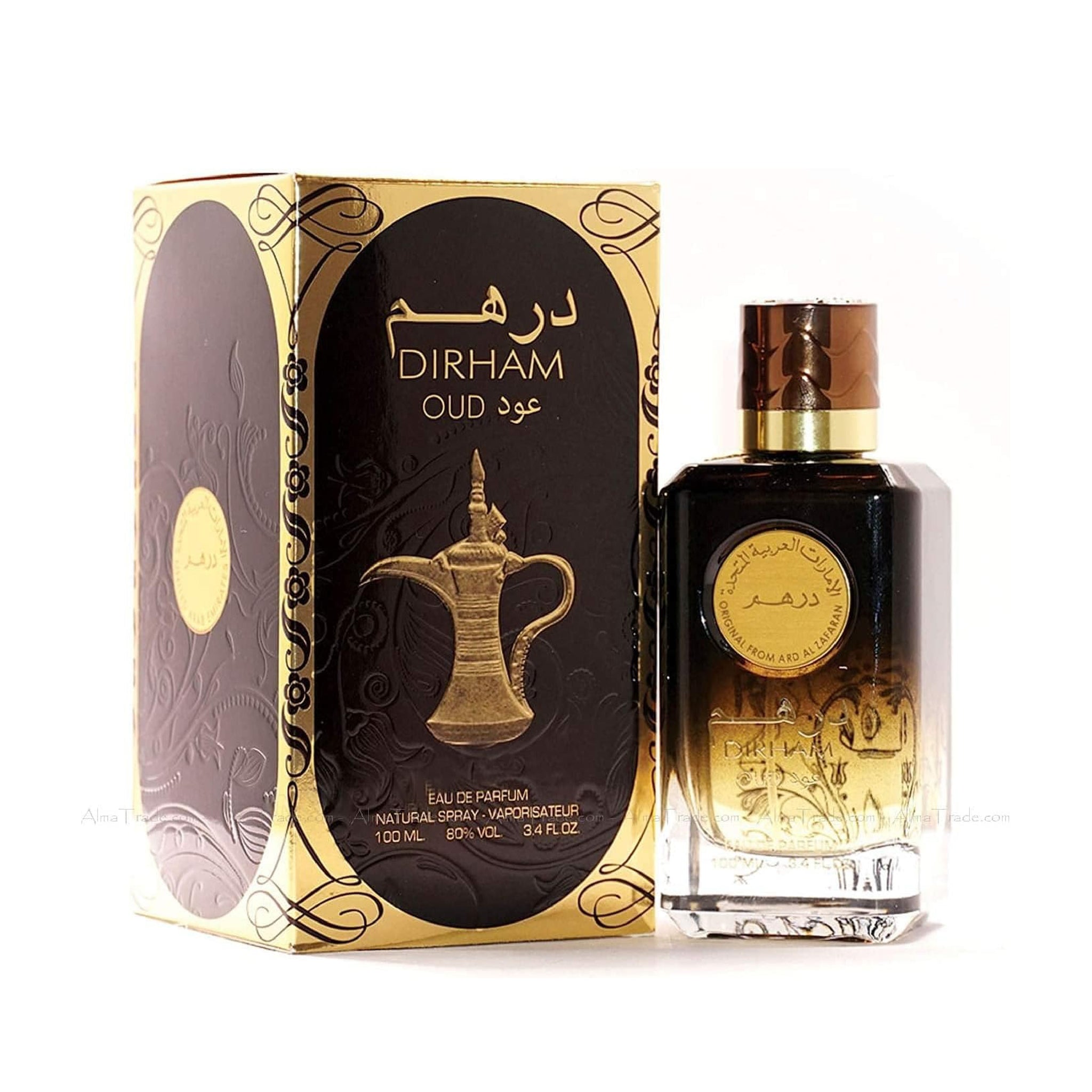Dirham Oud perfume bottle and packaging on a white background