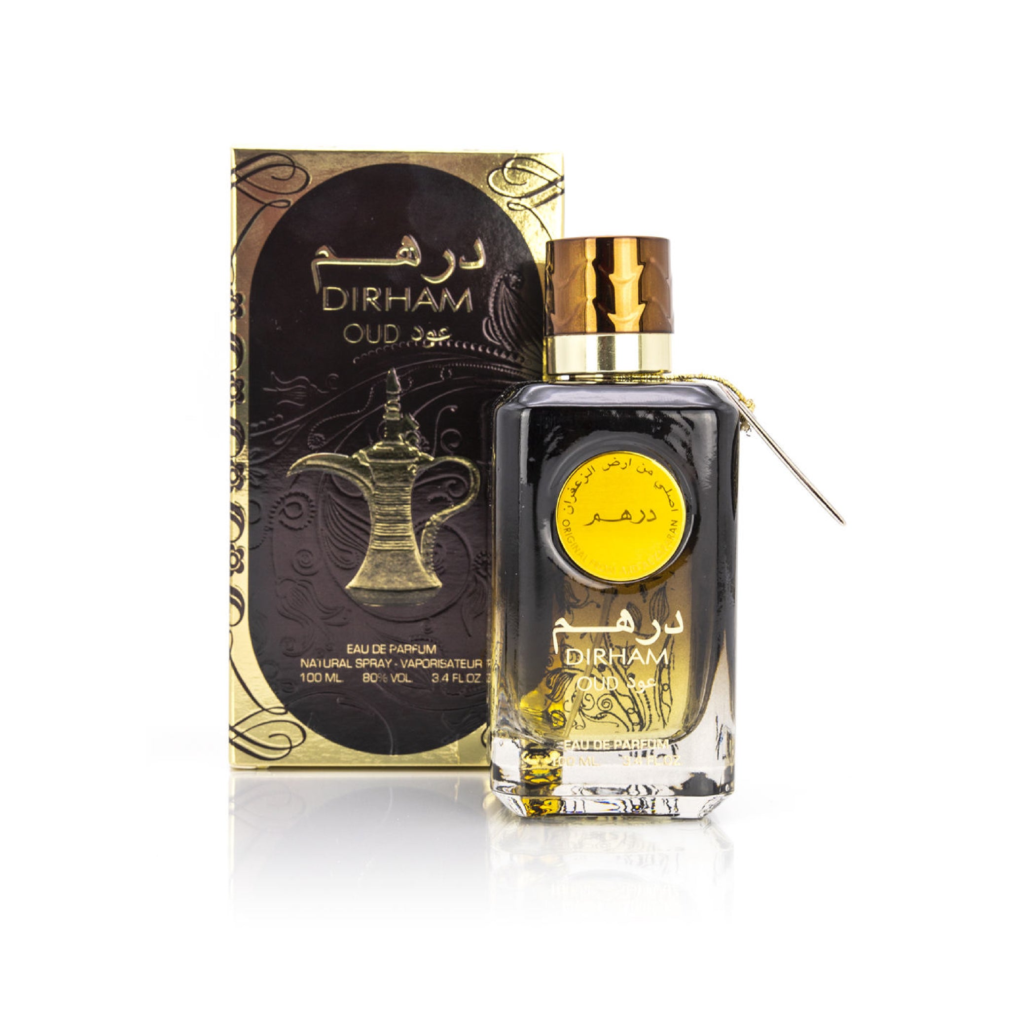 Dirham Oud perfume bottle with packaging on a white background