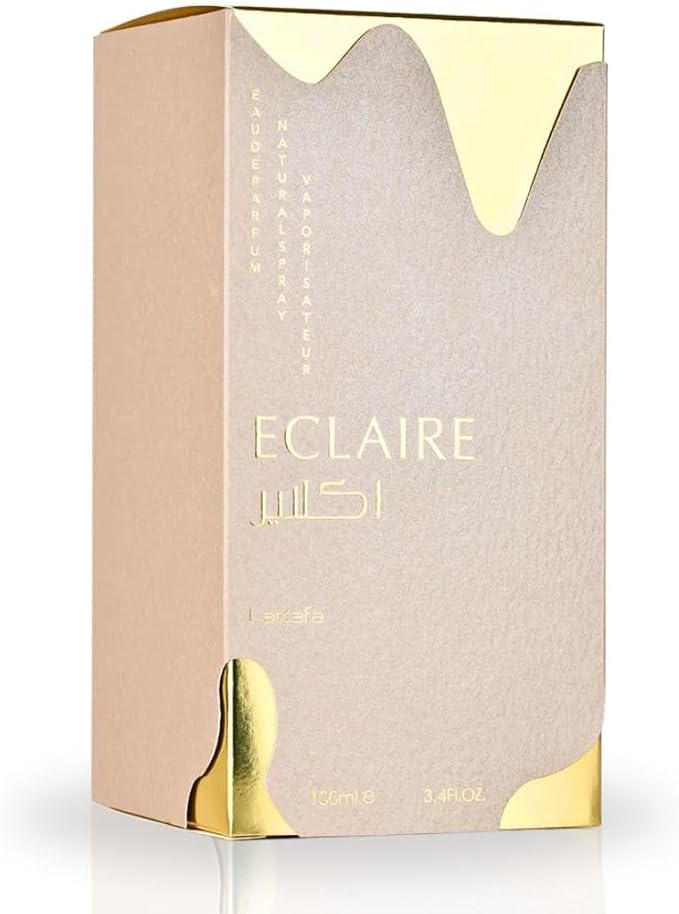Eclaire Lattafa perfume box with gold accents on a white background