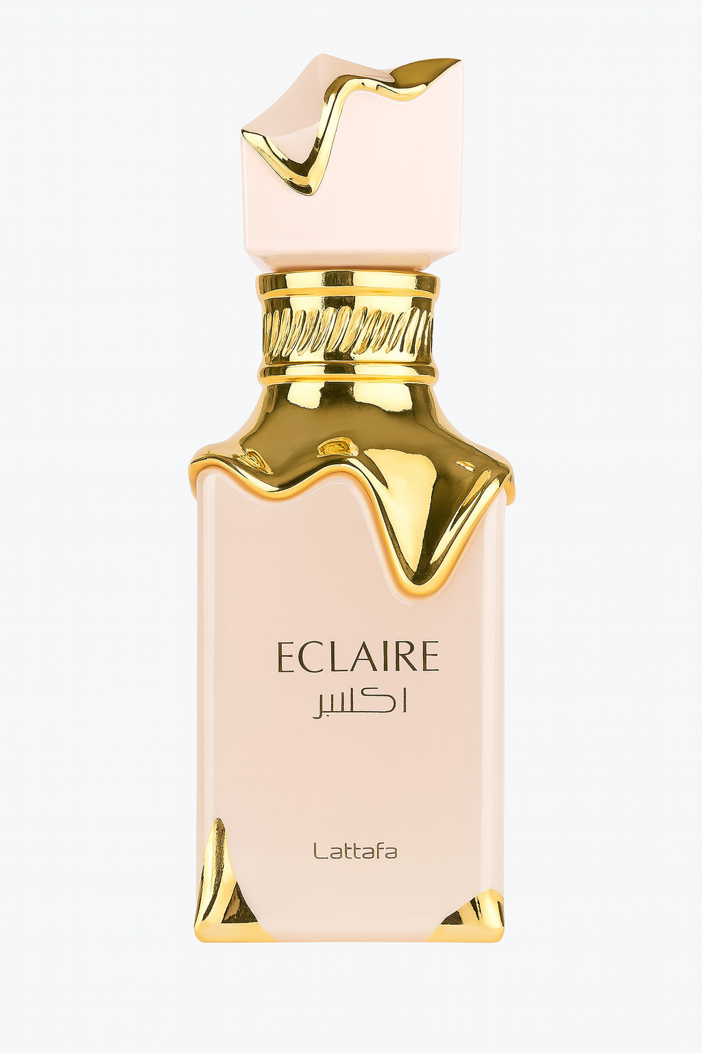 Perfume bottle with gold cap and 'Eclaire' branding on a white background