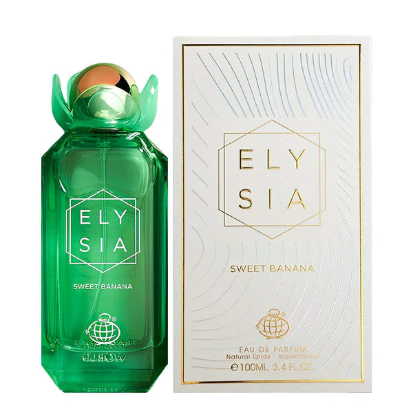 Green Elysia Sweet Banana perfume bottle and packaging on a white background