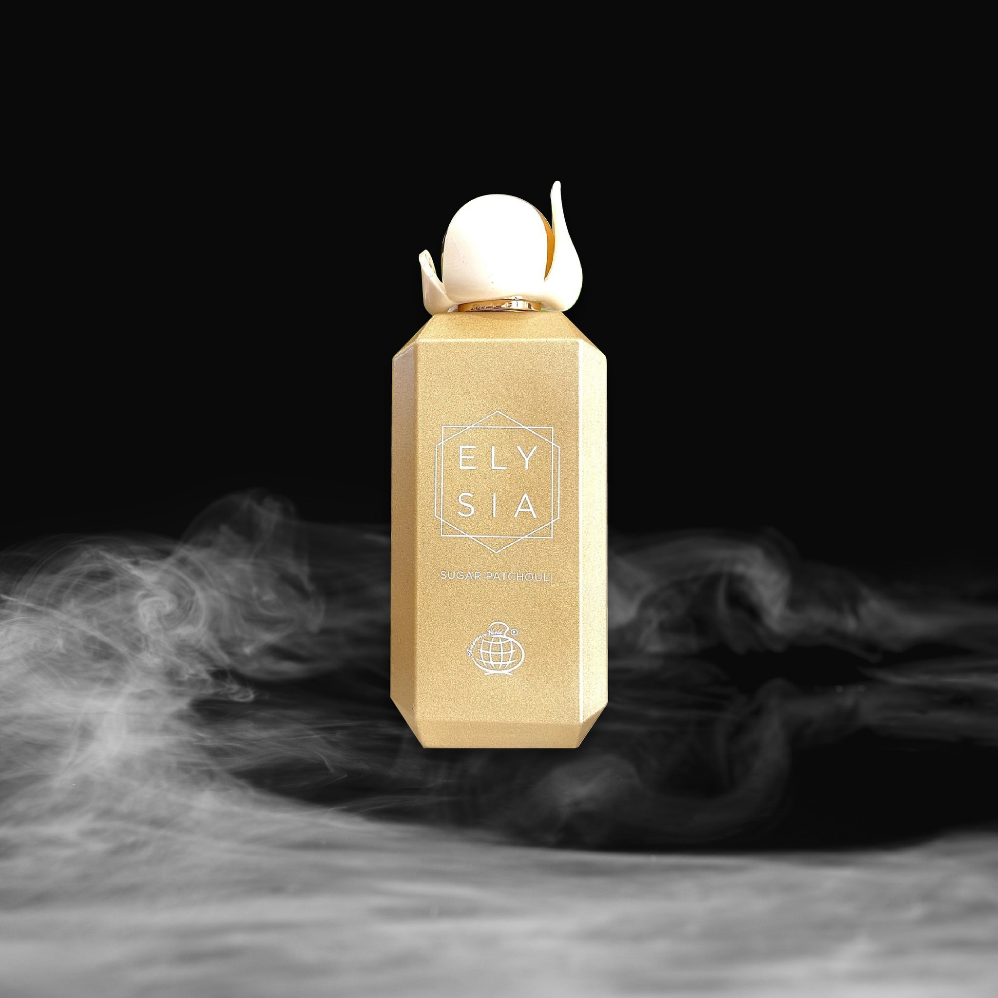 Gold bottle with 'Elysia' branding on a black background with smoke effect