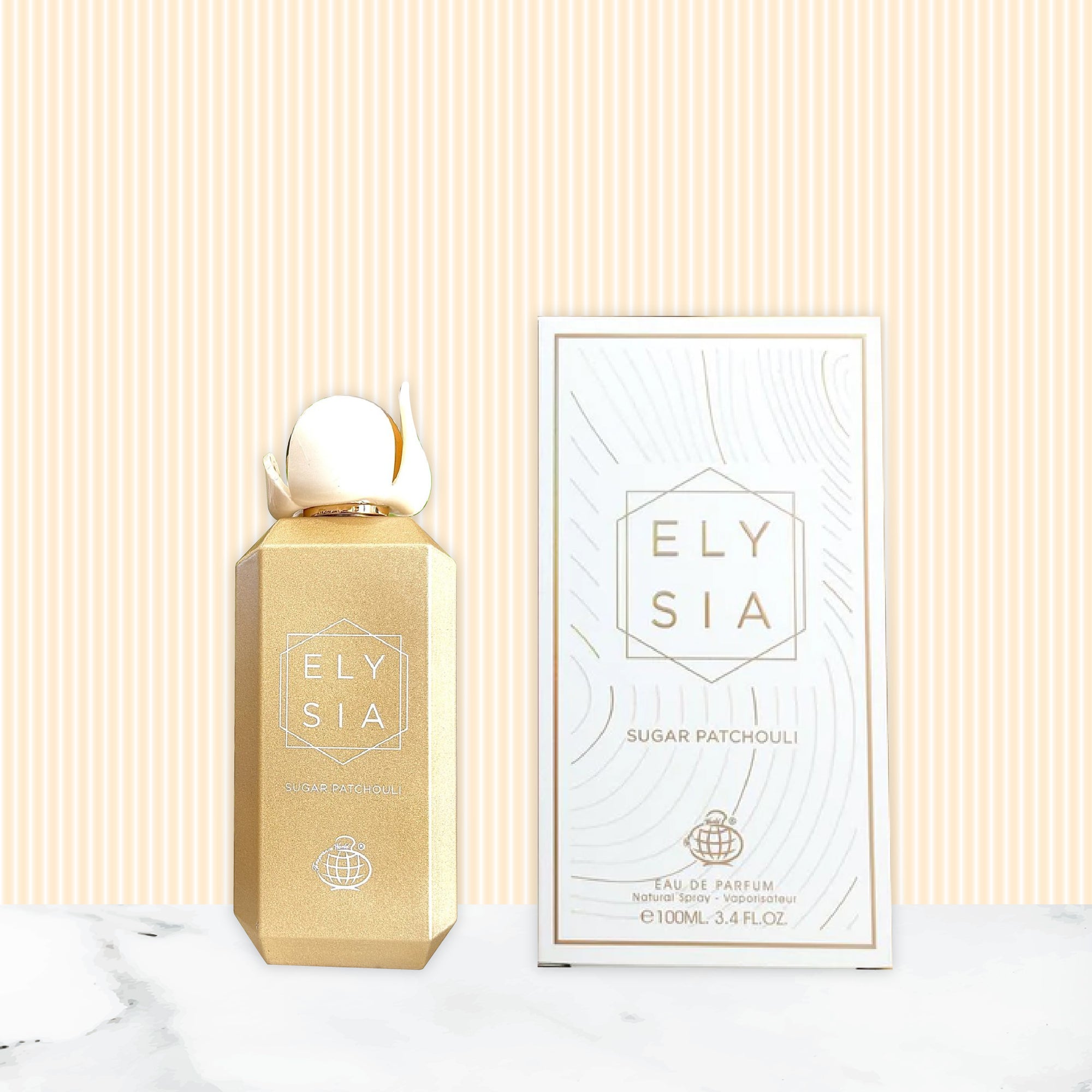 Gold Ely sia perfume bottle and packaging on a light background