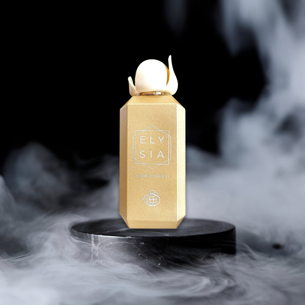Gold Elysia perfume bottle on a black platform with smoke effects