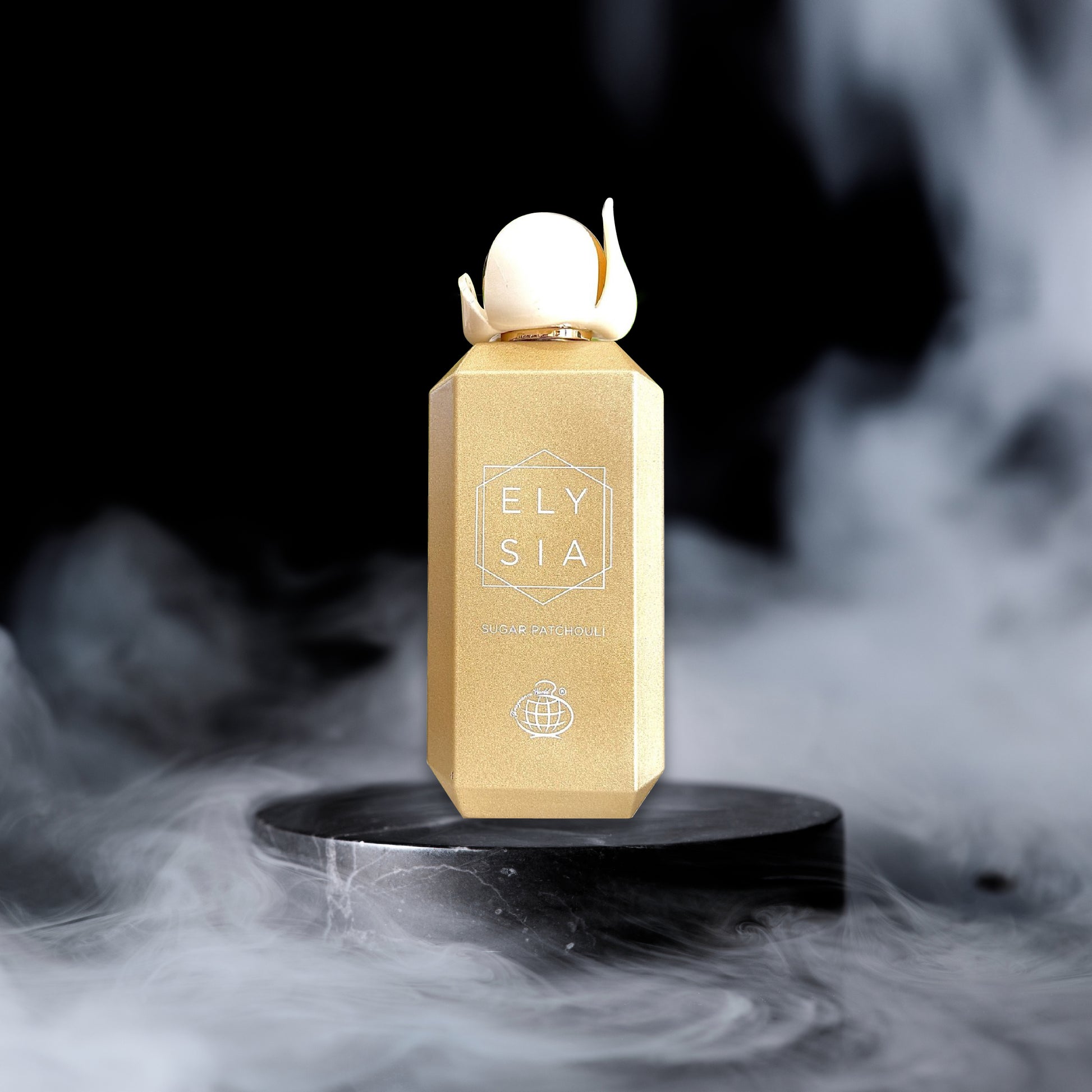 Gold Elysia perfume bottle on a black platform with smoke effects
