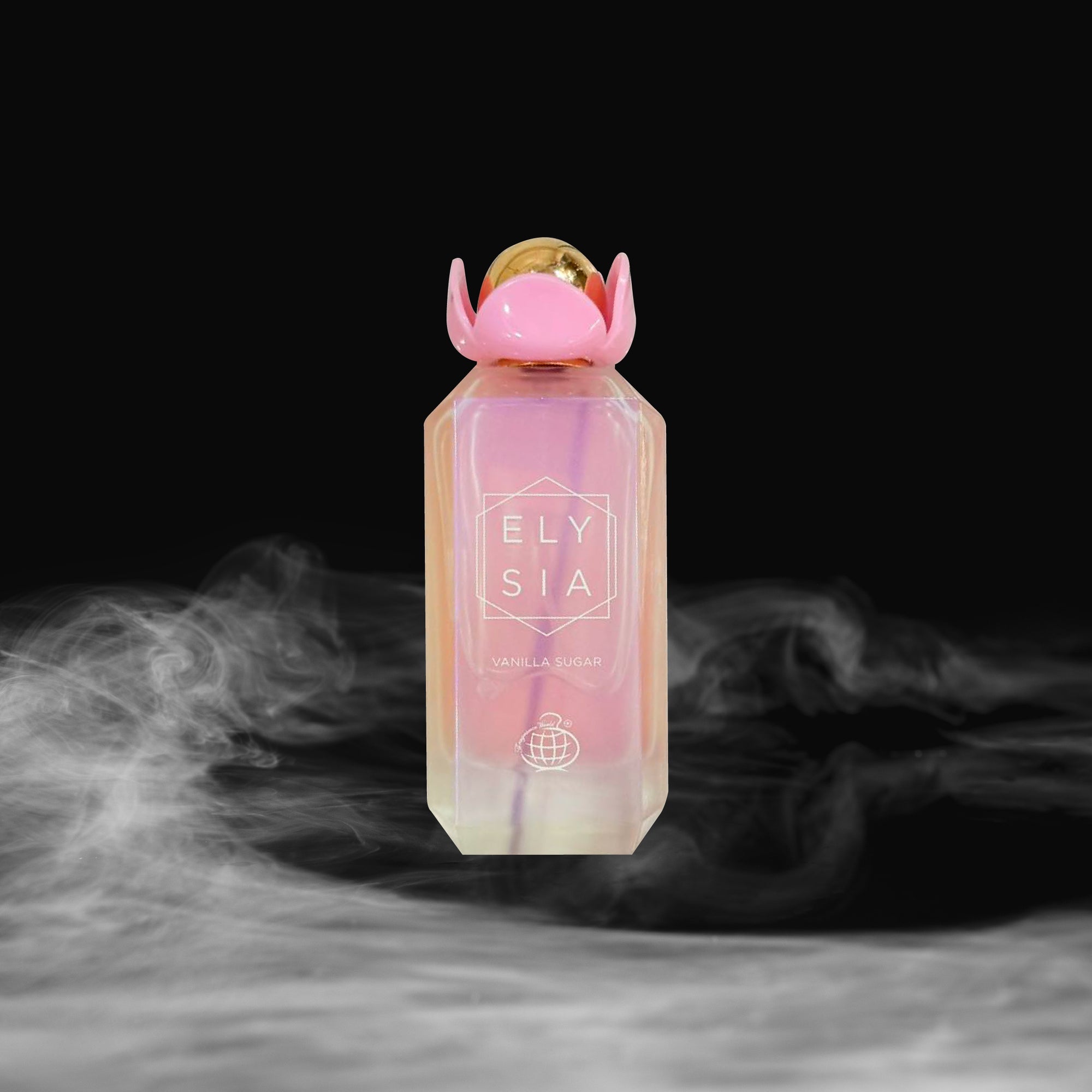 Elysia perfume bottle with pink cap on a dark background