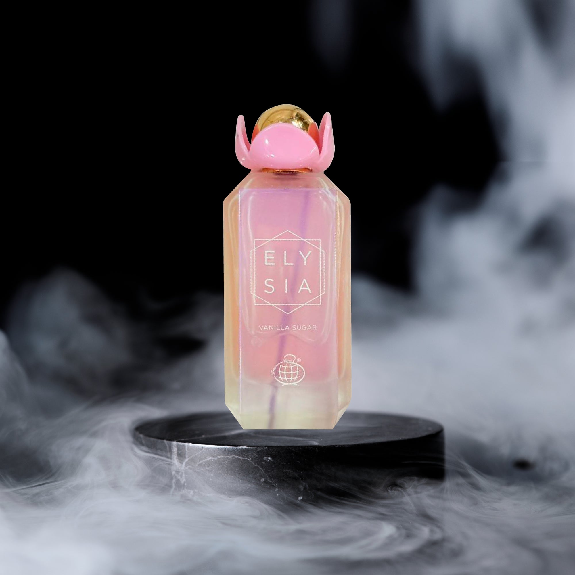 Perfume bottle labeled 'Ely sia' with pink liquid on a dark background