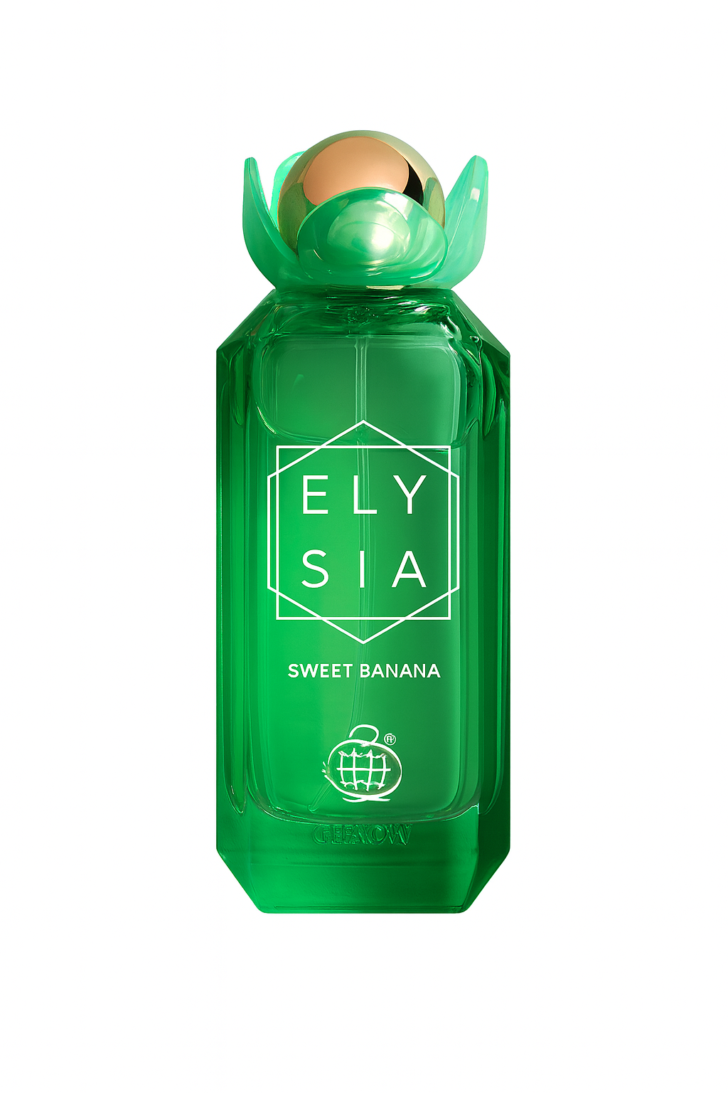 Green bottle of Elysia Sweet Banana perfume on a white background