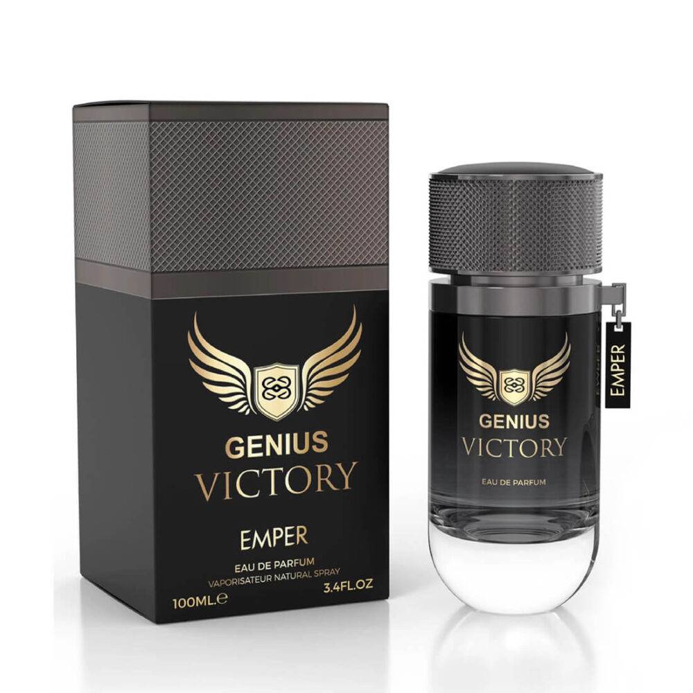 Emper Genius Victory perfume bottle and packaging on a white background