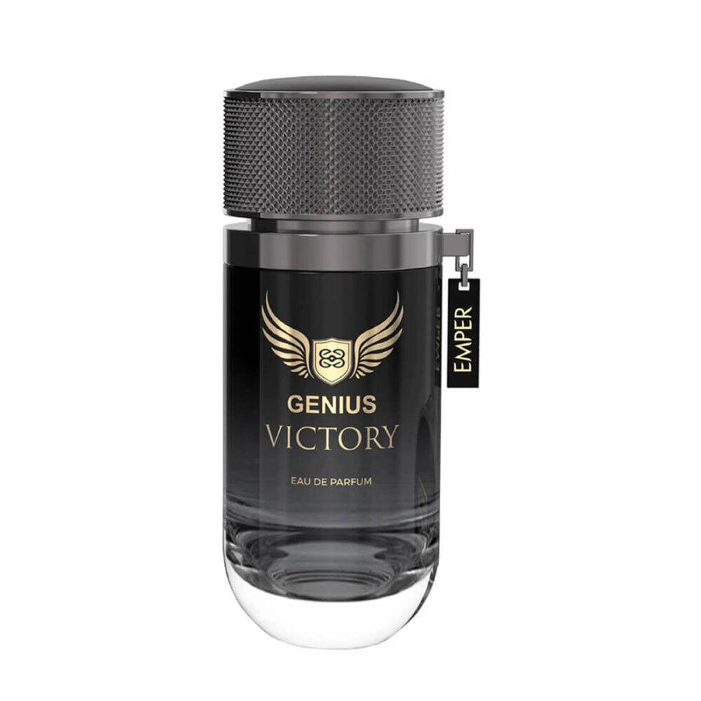 Perfume bottle labeled 'Genius Victory' by Emper on a white background