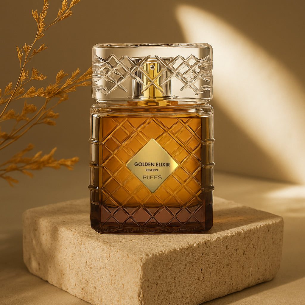 Luxurious perfume bottle labeled 'Golden Elixir Reserve' on a stone platform with a warm background.