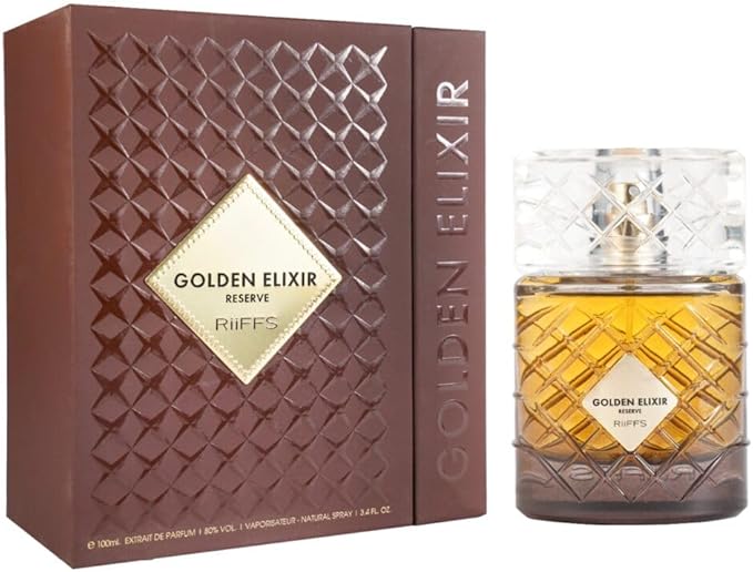 Golden Elixir Reserve perfume bottle and packaging on a white background