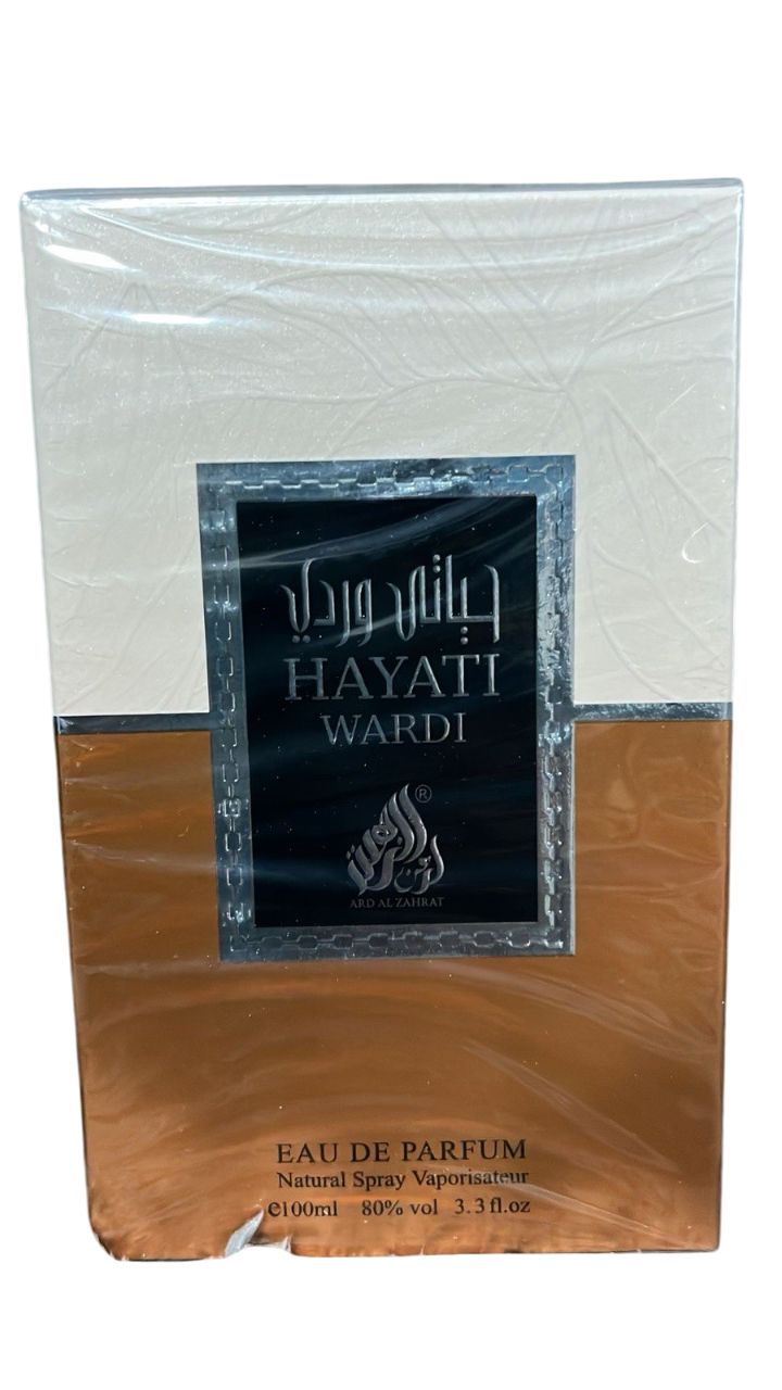 Packaging of Hayati Wardi Eau de Parfum with a clear front panel.