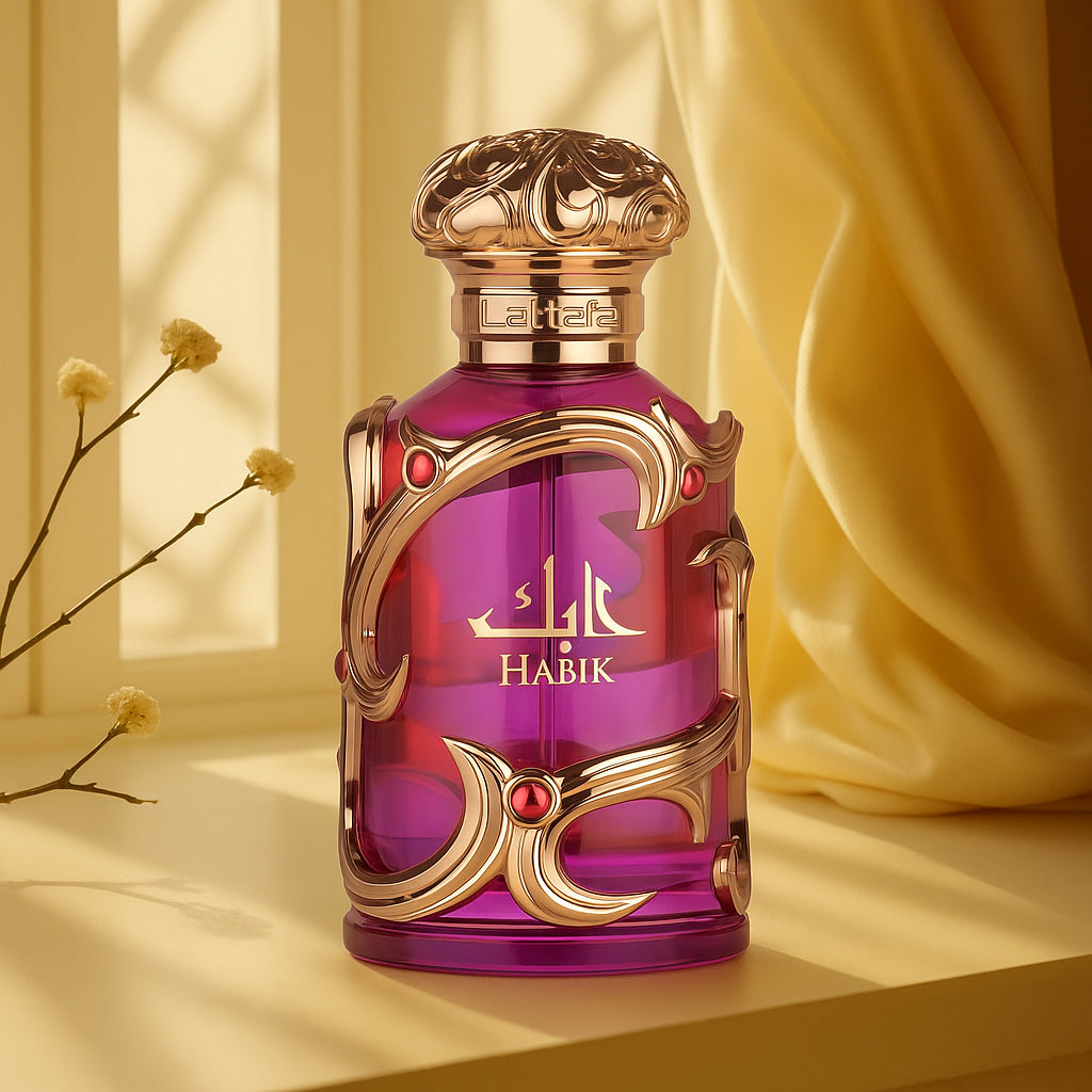 Habik Lattafa Women's perfume in a purple bottle with gold accents, displayed on a light background.
