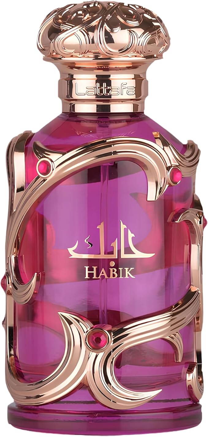 Pink perfume bottle with gold accents and 'Habik' branding on a white background