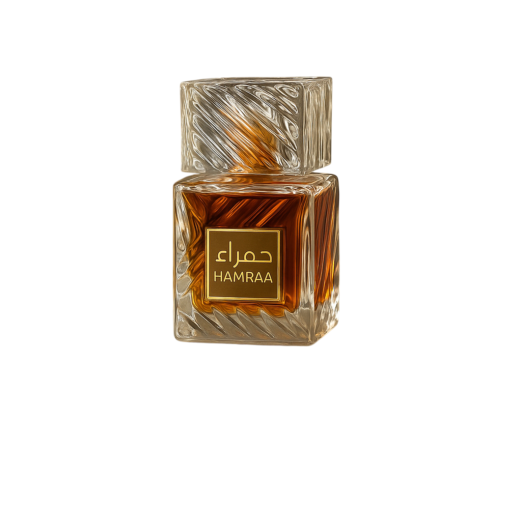 Perfume bottle with 'HAMRAA' branding on a white background