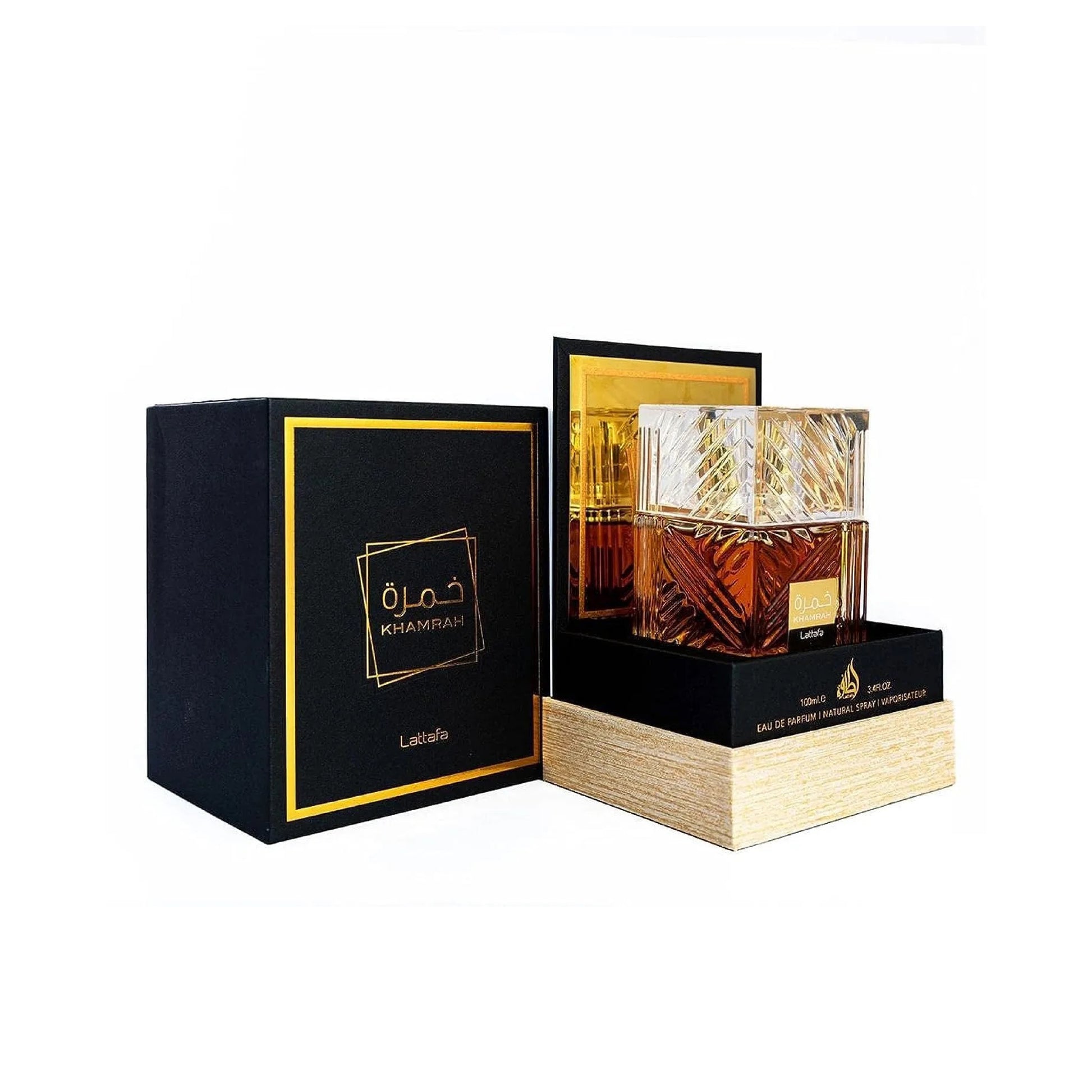 Luxury bottle of Khamrae Lallan with black and gold packaging on a white background