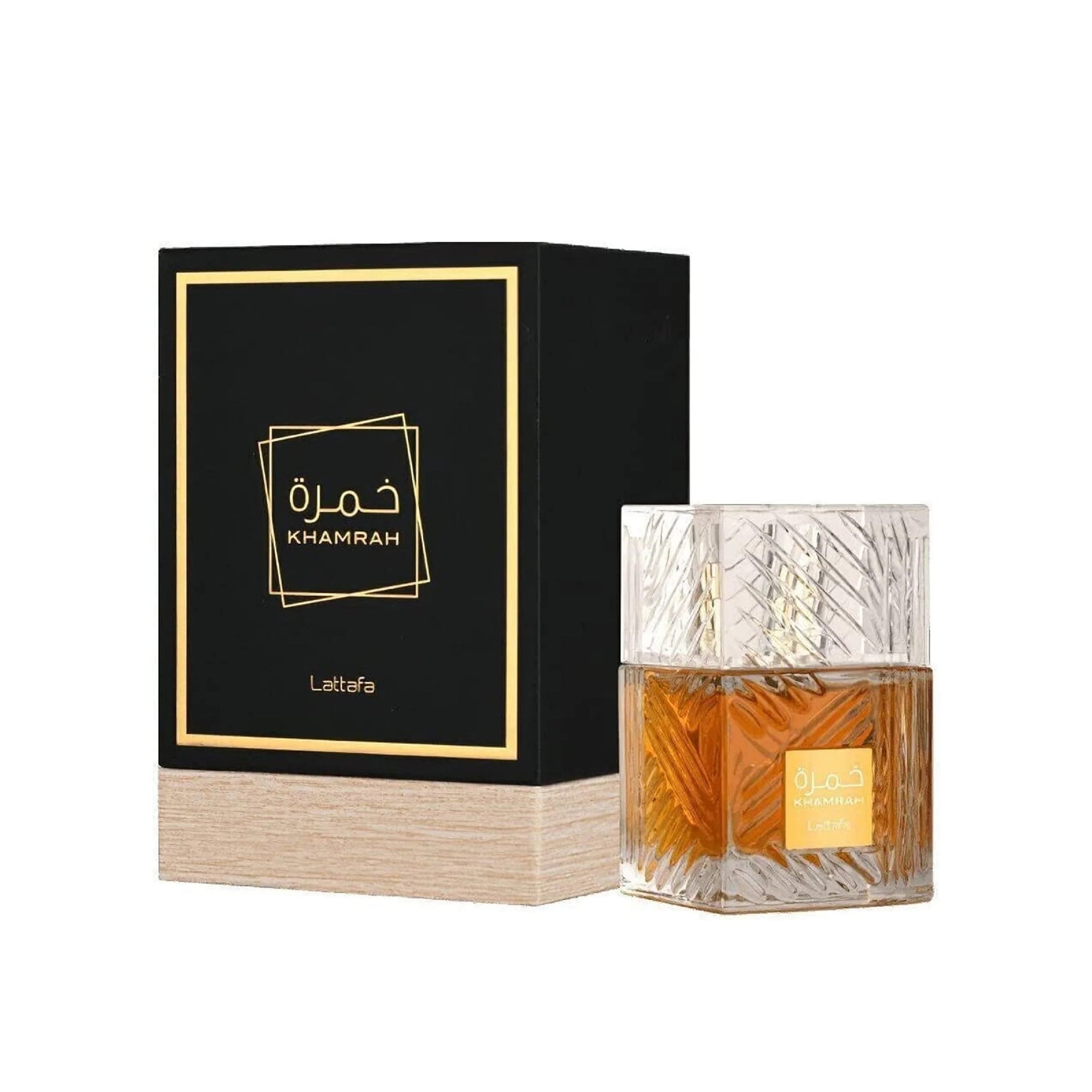Khamrah perfume bottle with packaging on a white background