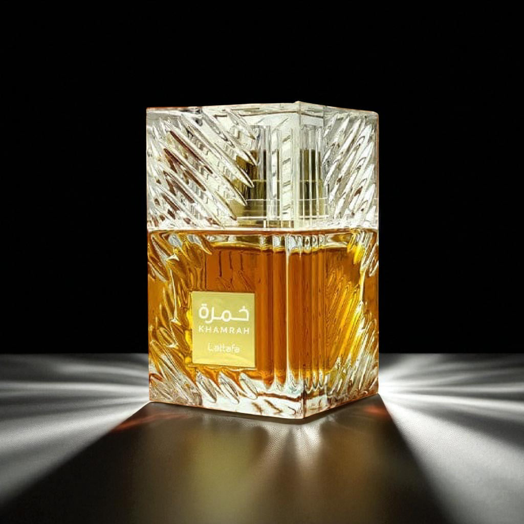 Perfume bottle with a gold label on a black background