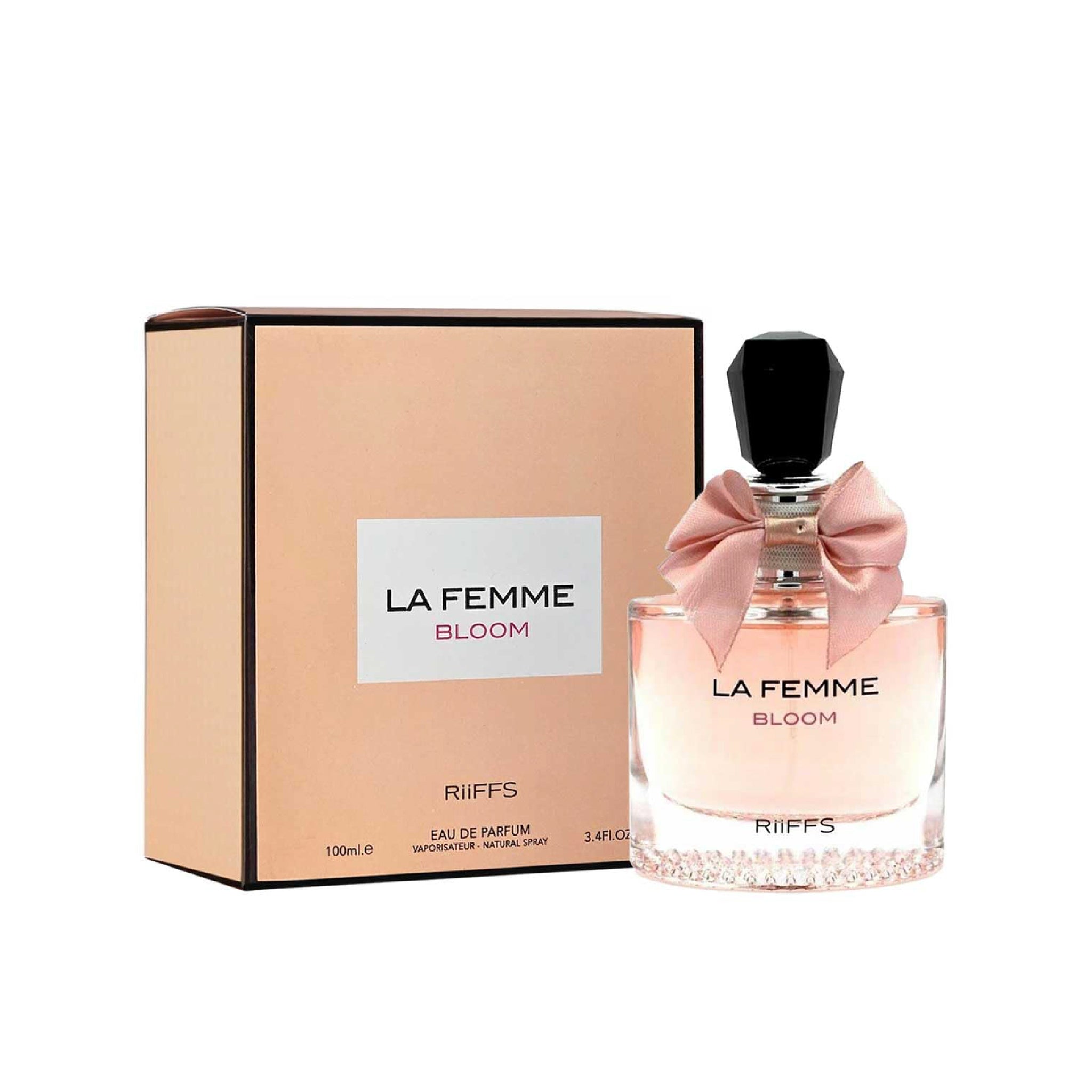 La Femme Bloom perfume bottle and packaging on a white background
