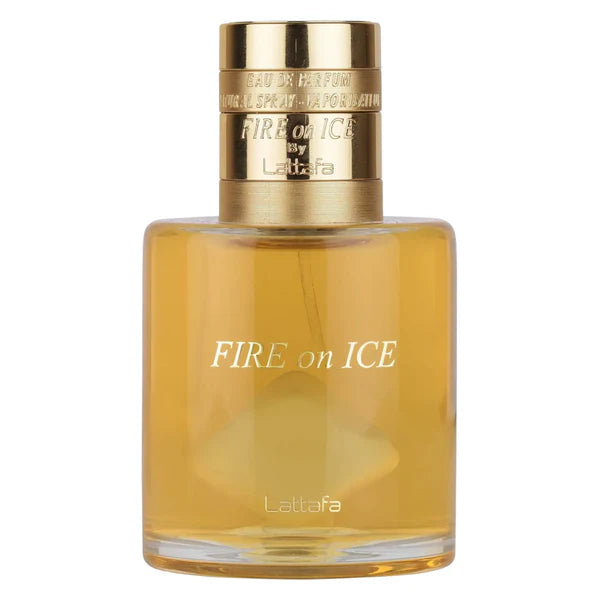 Perfume bottle labeled 'Fire on Ice' by Lattafa on a white background