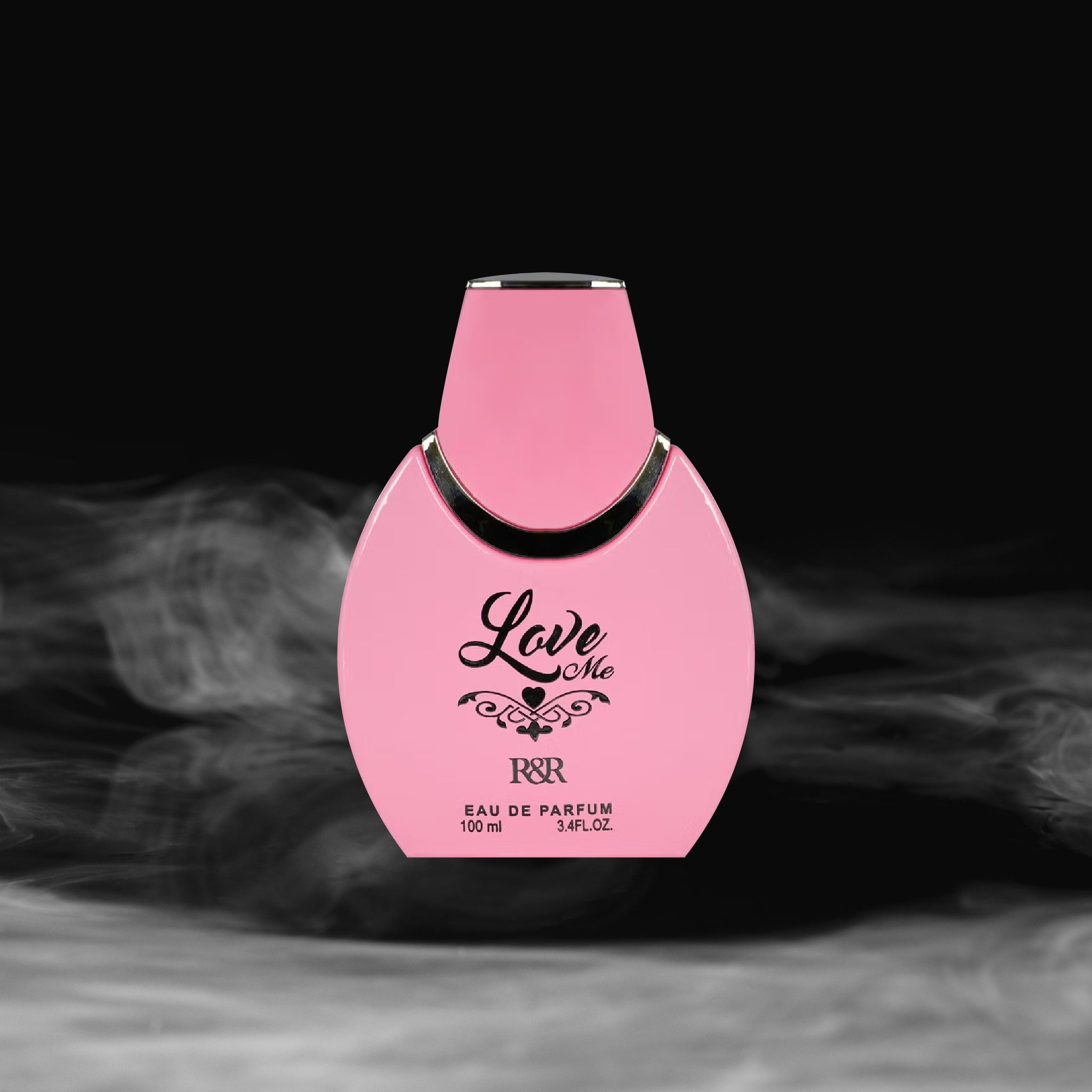 Pink perfume bottle with 'Love Me' text on a black background