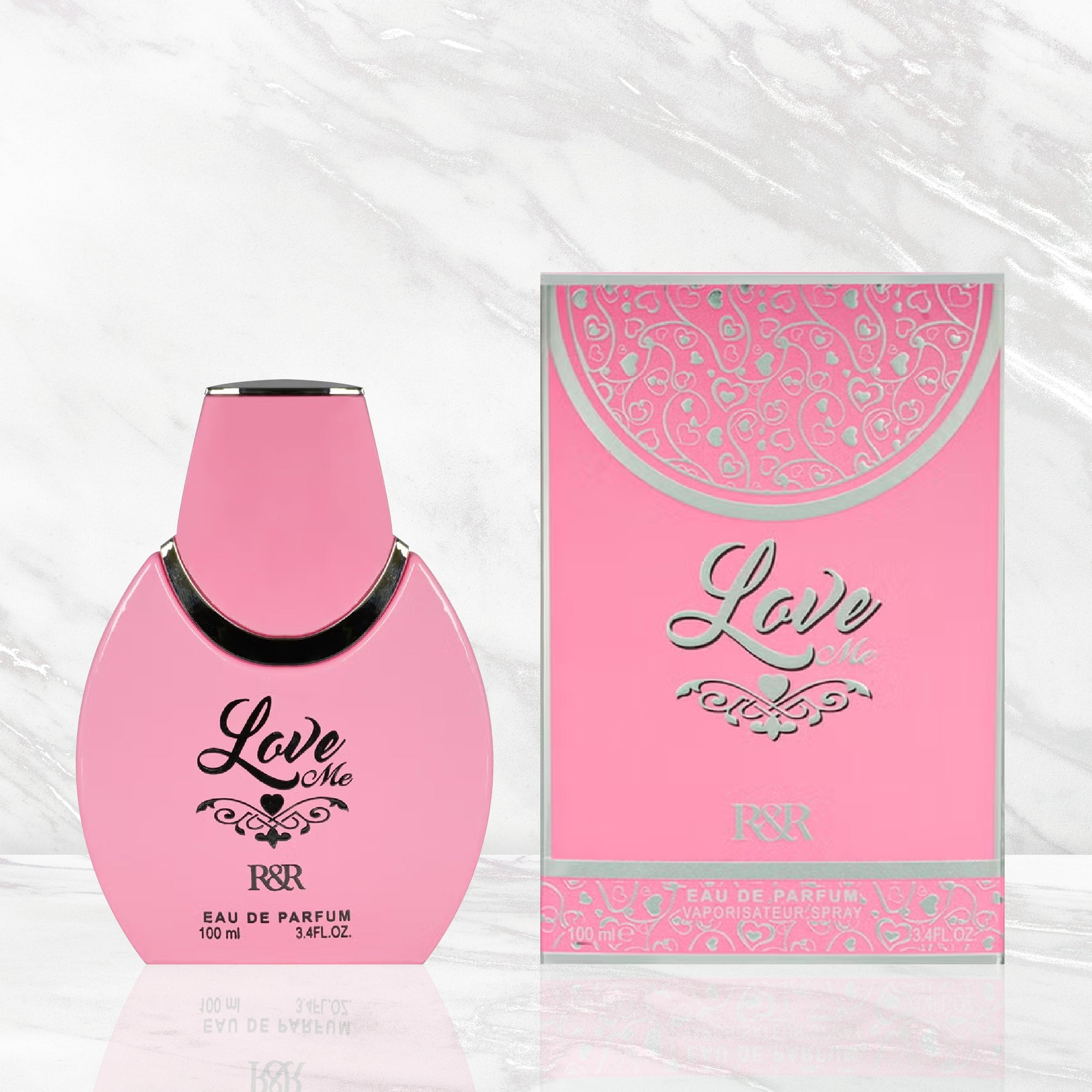 Pink perfume bottle and packaging with 'Love Me' text on a white background