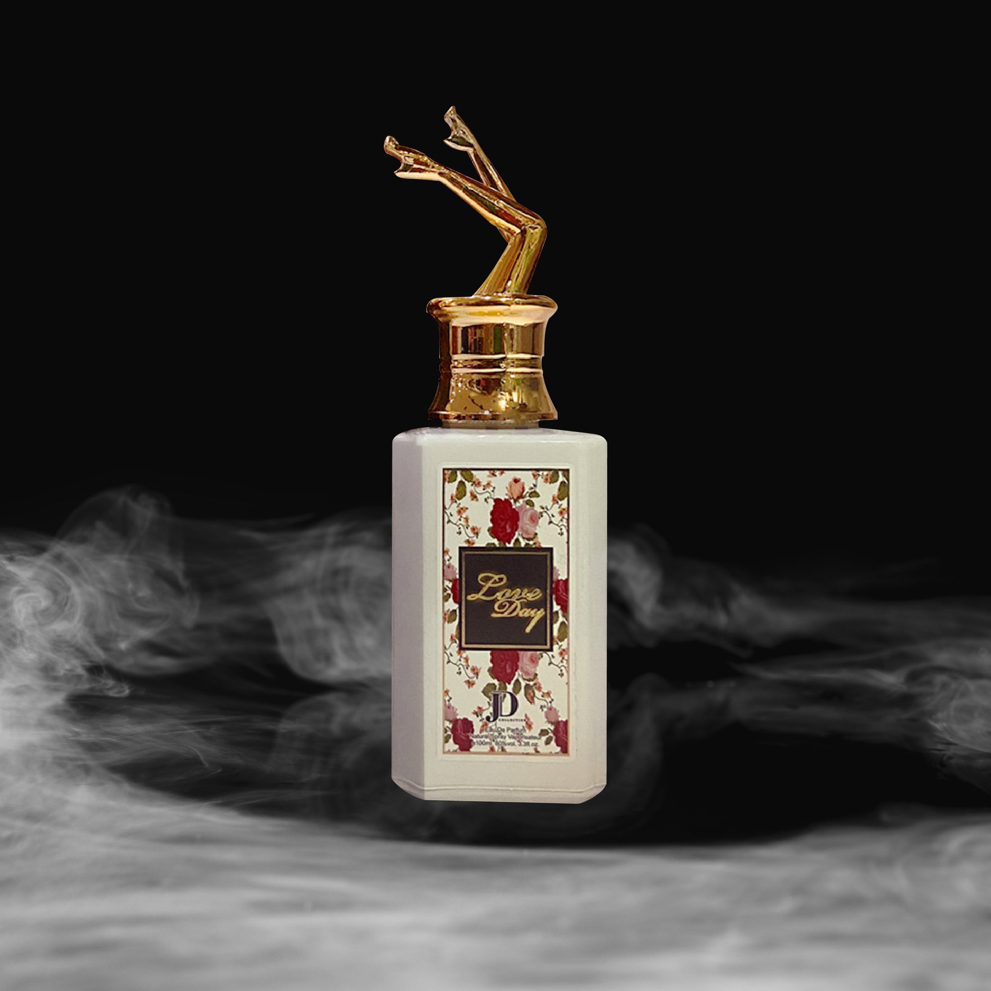 Perfume bottle with decorative label and gold cap on a dark background