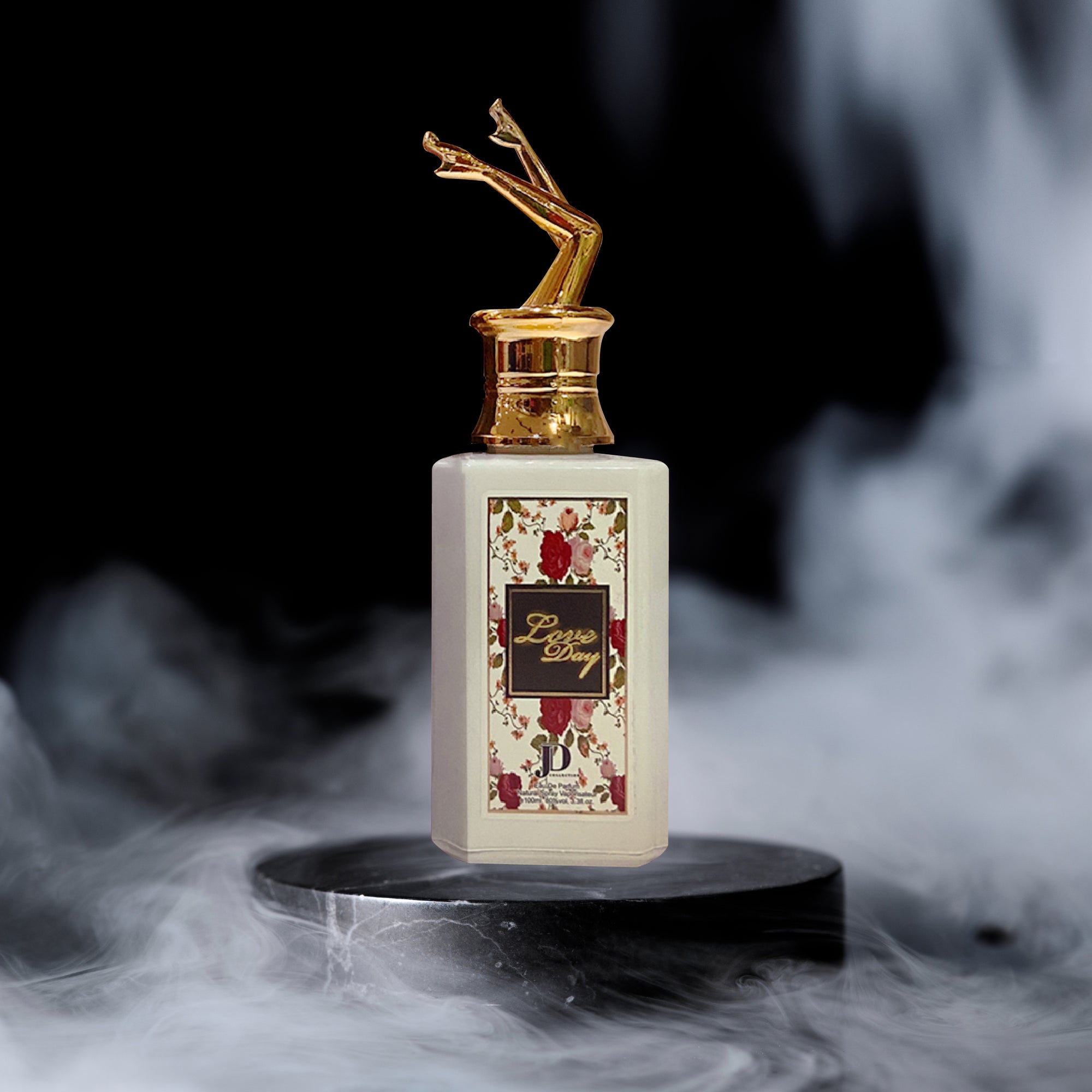 Perfume bottle with decorative label on a dark background