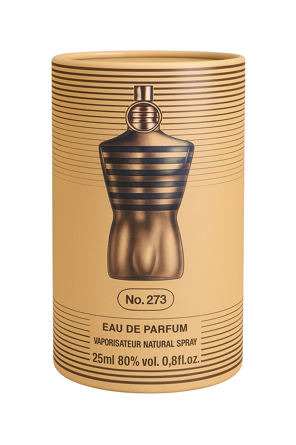 Cylindrical beige perfume bottle packaging with a mannequin design on a white background