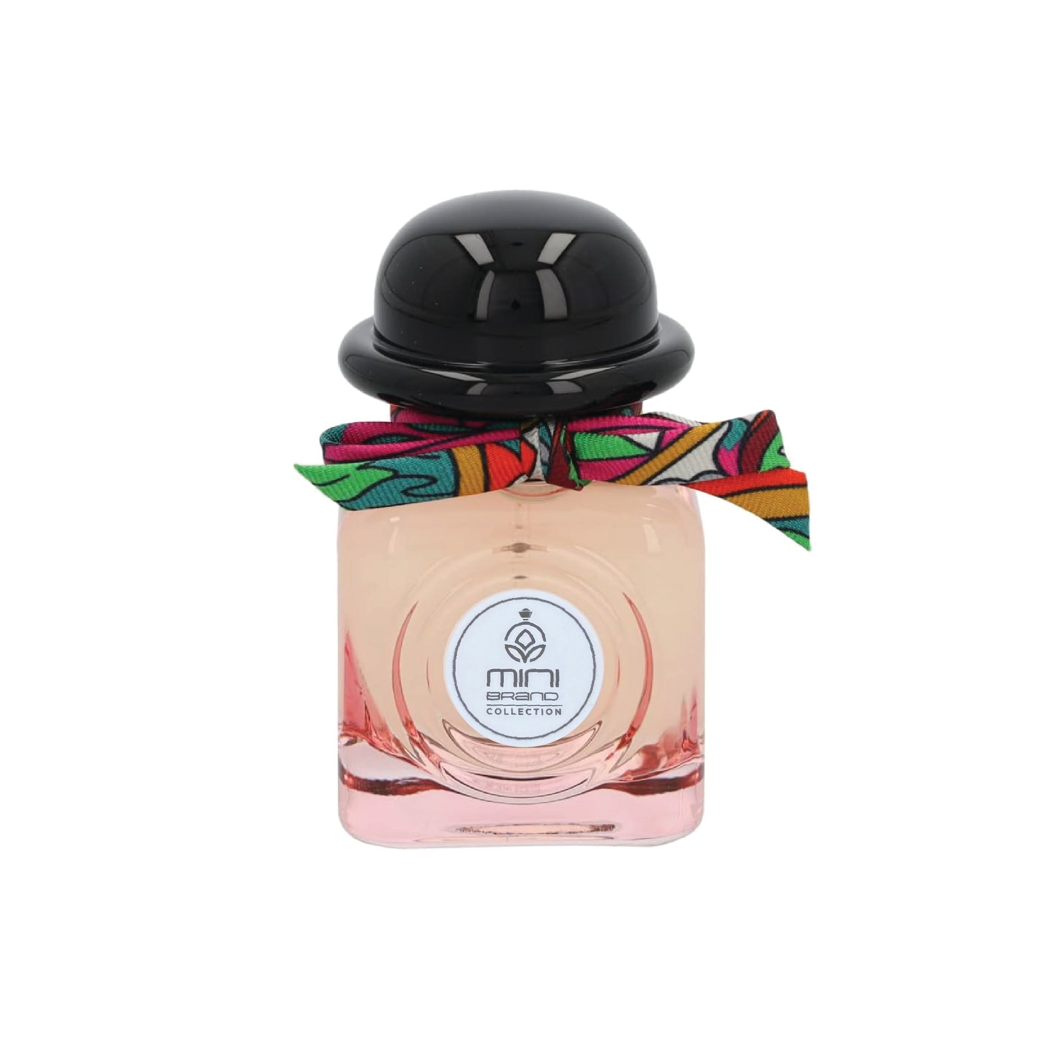 Pink perfume bottle with a colorful ribbon on a white background