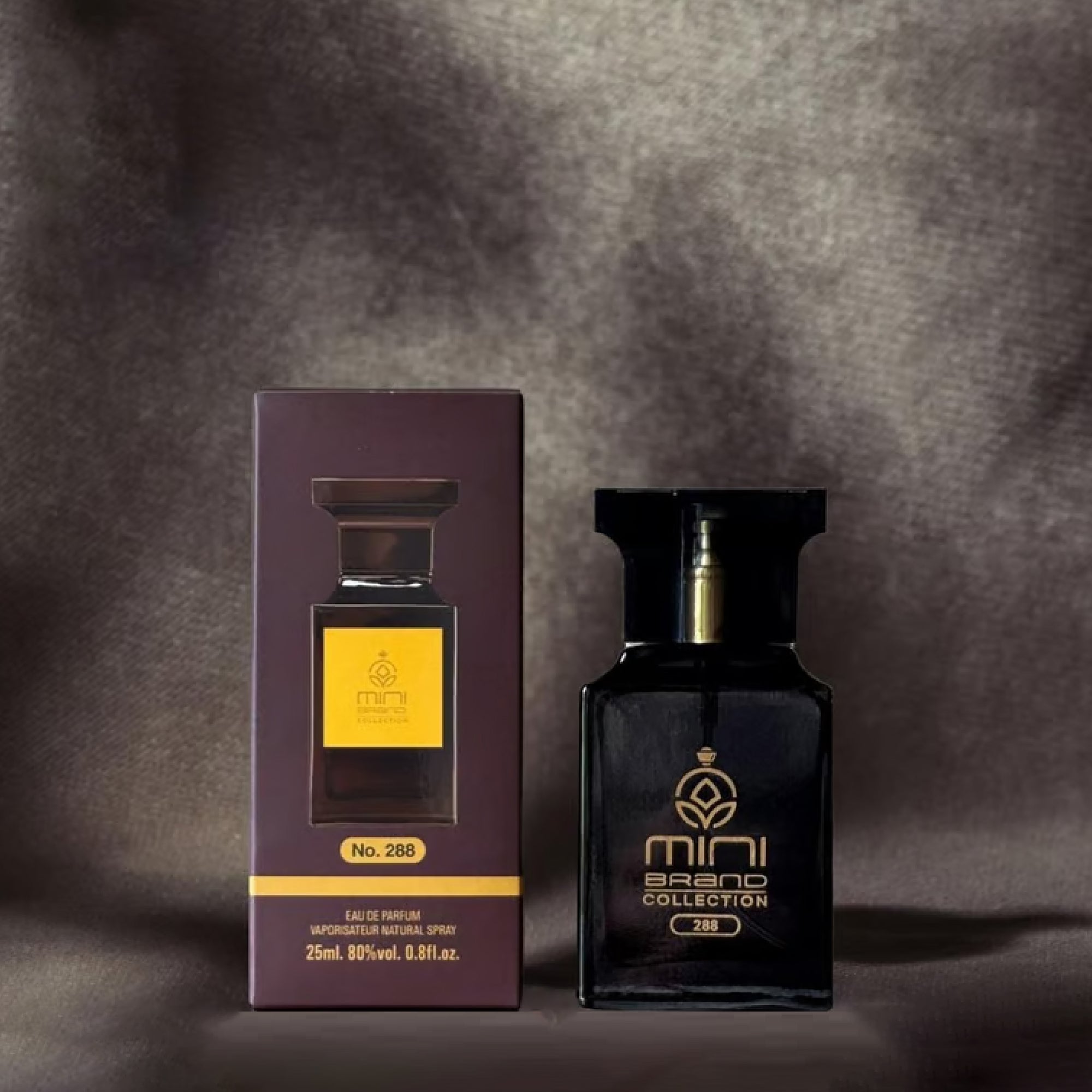 Perfume bottle and packaging on a dark background