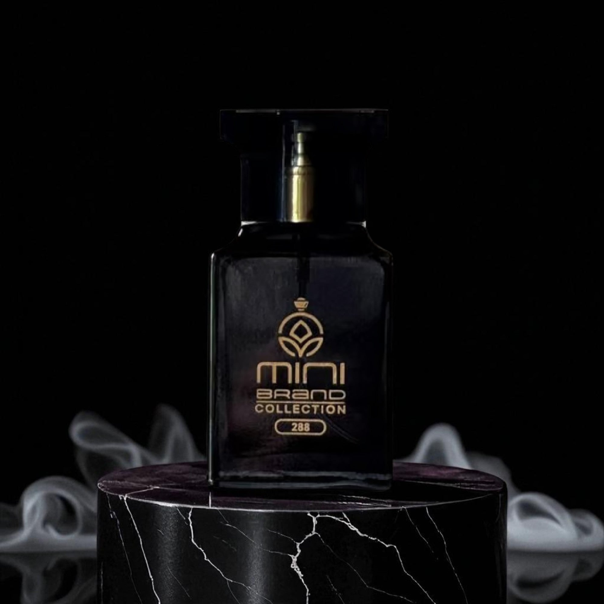 Black perfume bottle with gold accents on a dark background