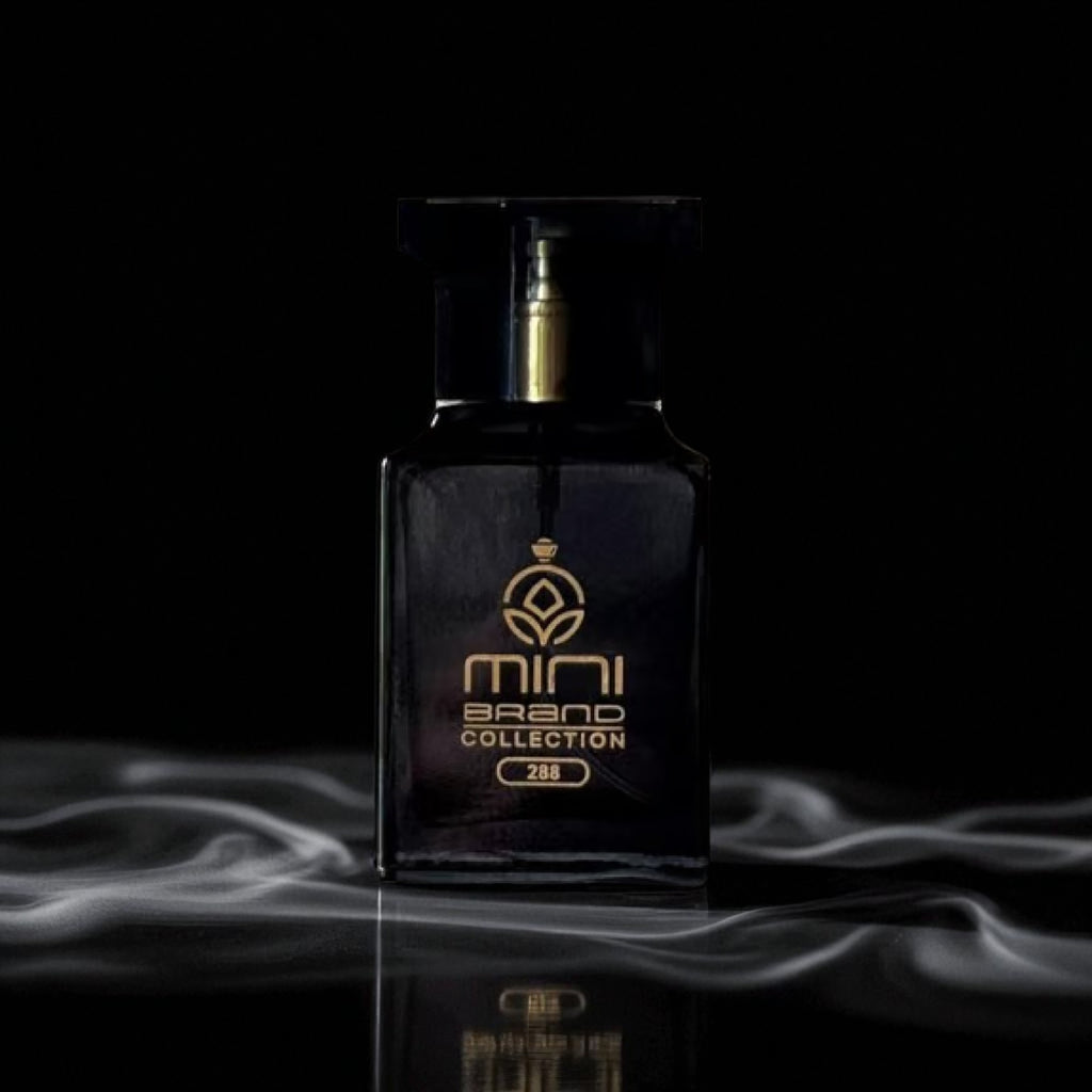 Black perfume bottle with gold accents on a dark background