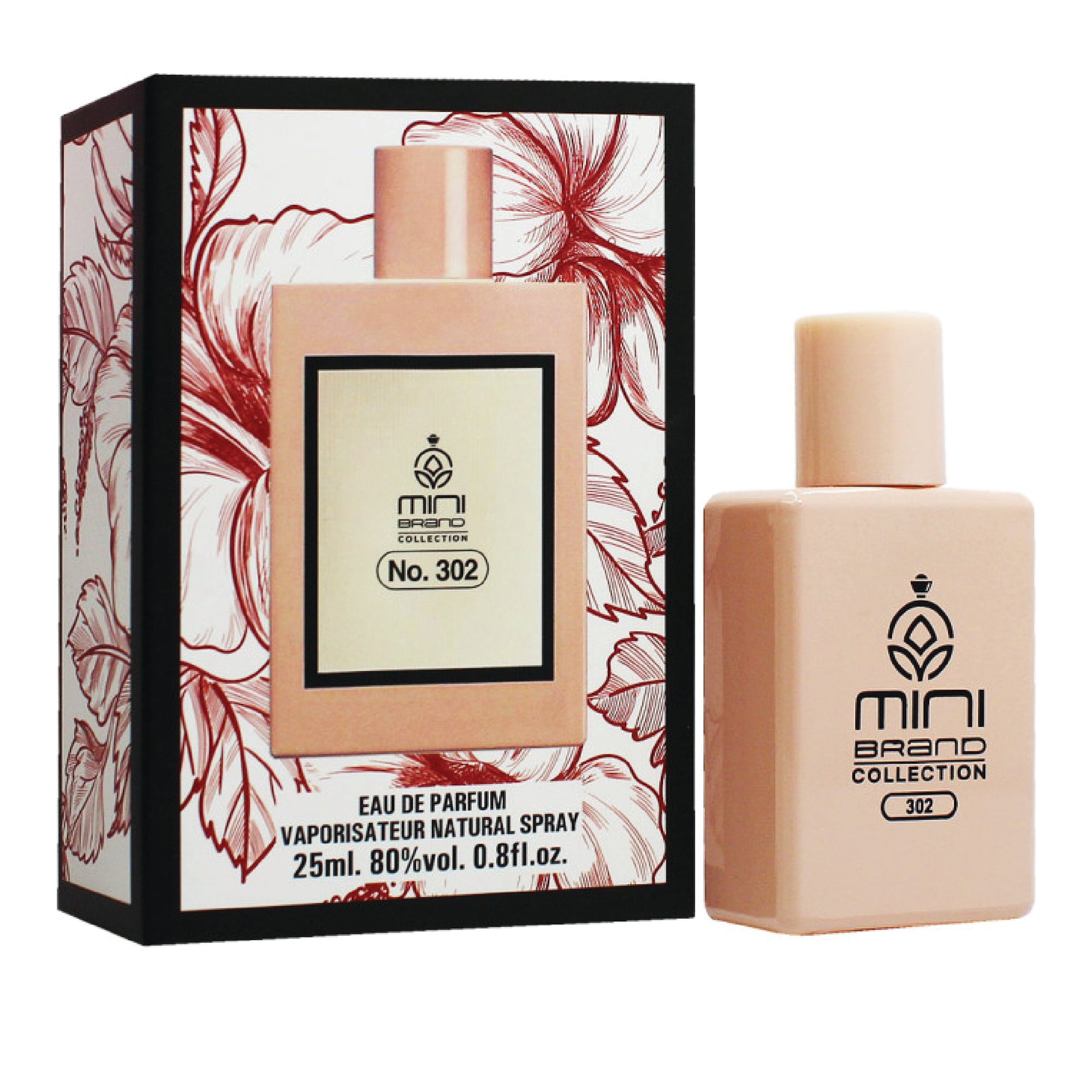 Perfume bottle and packaging with floral design on a white background