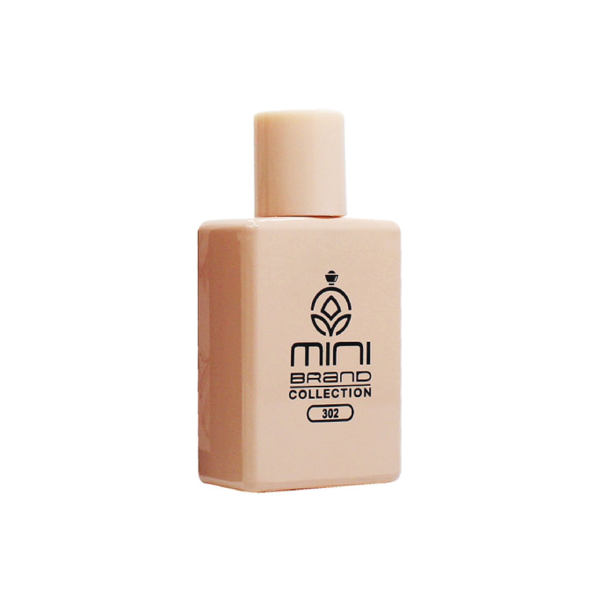 Beige perfume bottle with 'mini brand collection' label on a white background